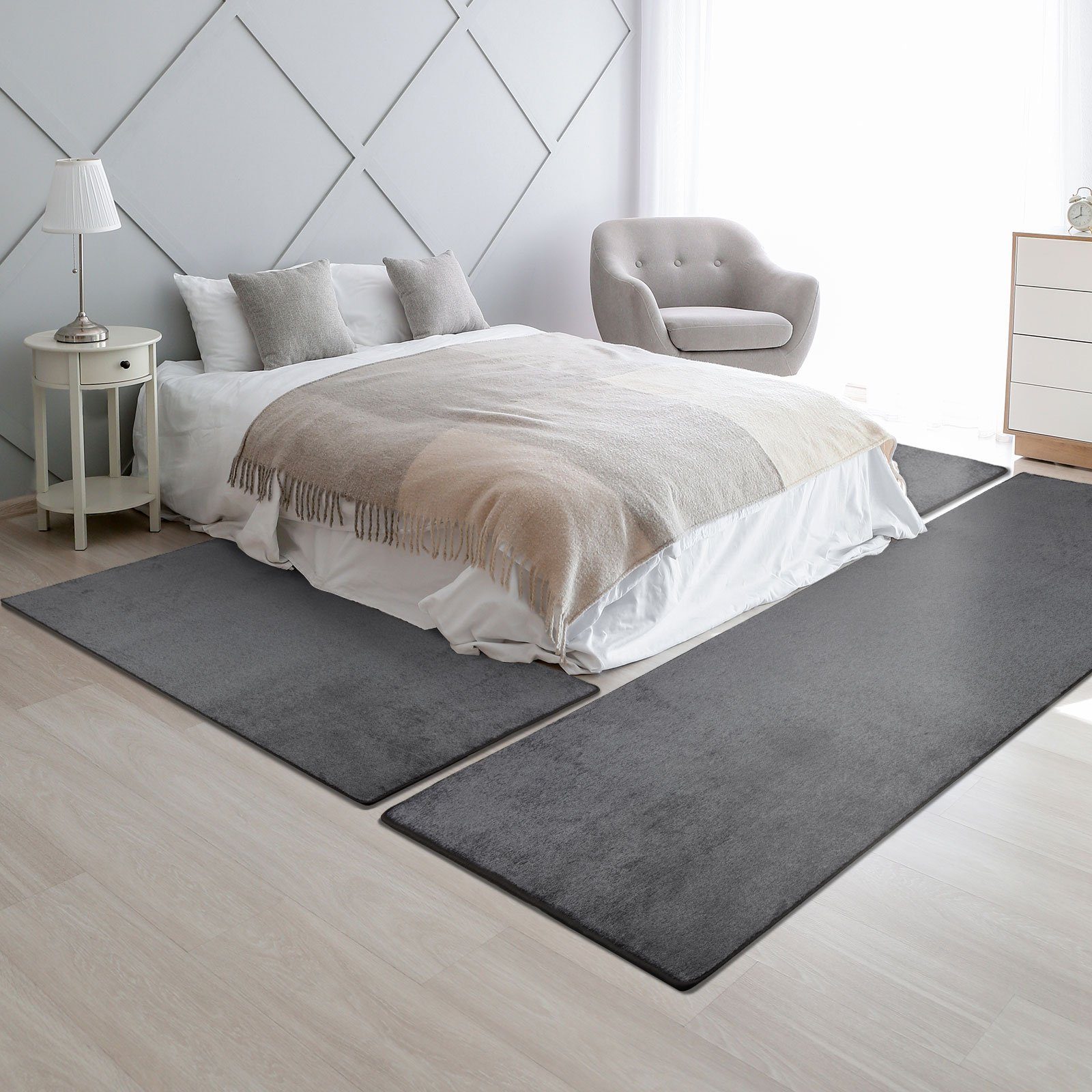 Hochflor-Bettumrandung Sundae Anthrazit 77, 3 Größen, Teppichläufer, Läufer-Set Floordirekt, Höhe 13.5 mm, (3-tlg), Velours