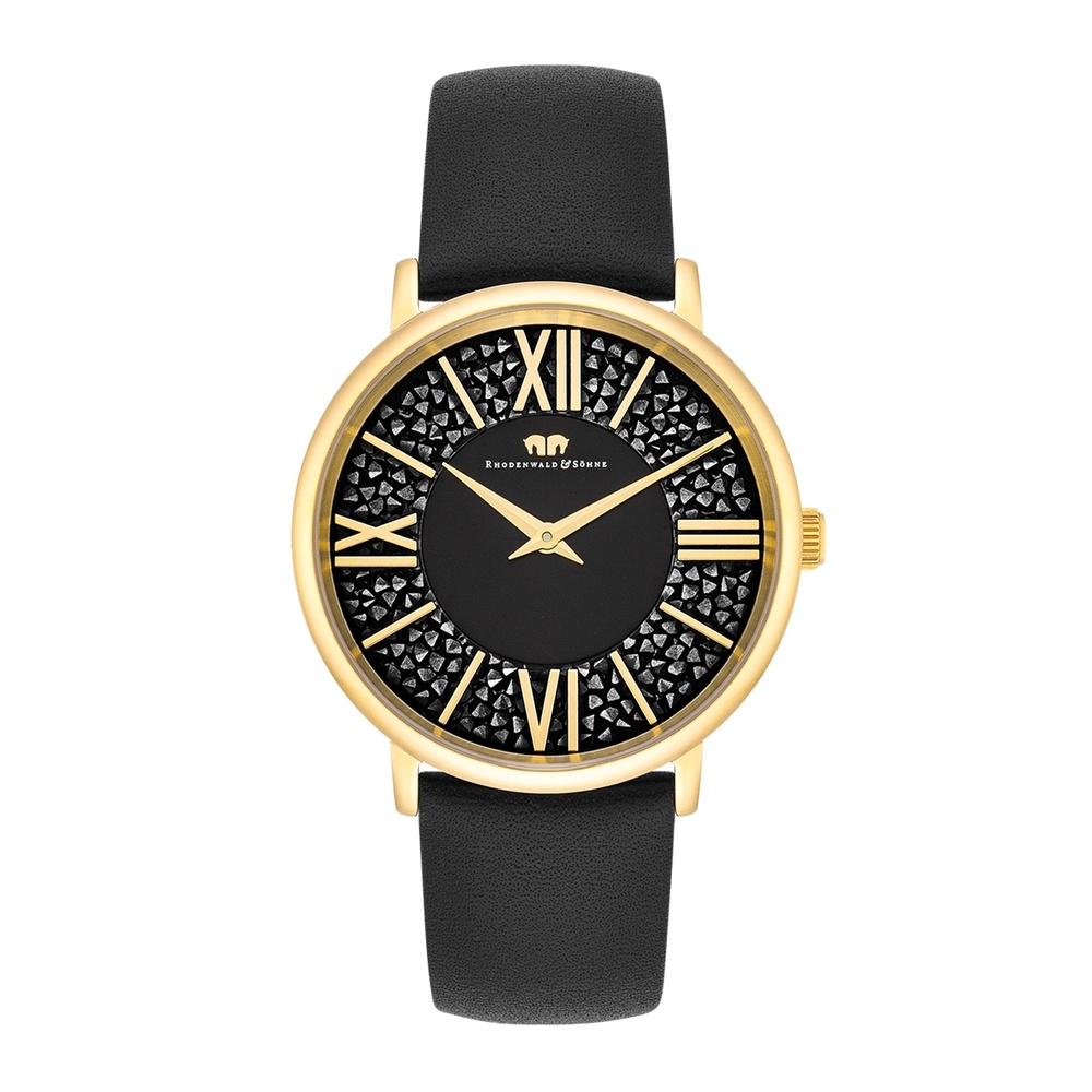 Rhodenwald & Söhne Montre à quartz Pamina en Or jaune Cuir véritable en Noir Montre