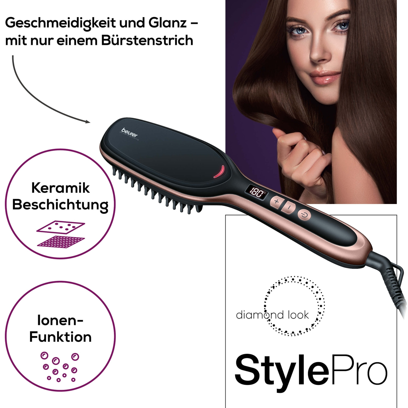 Beurer Glättungsbürste HS 60-Glättbürste mit schützender Keramik-Beschichtung & Ionen-Funktion