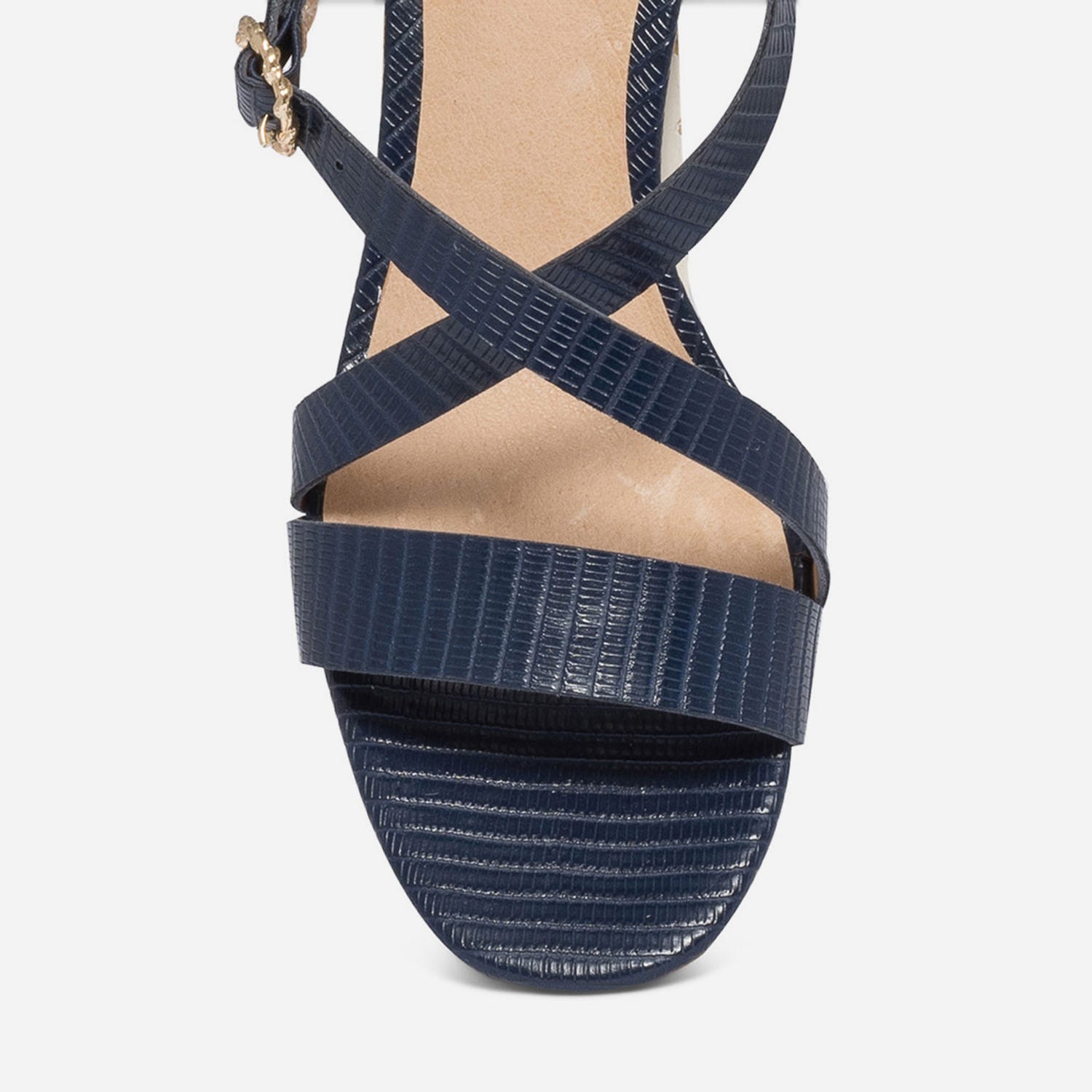 Sandale à talon marine en cuir embossé effet python