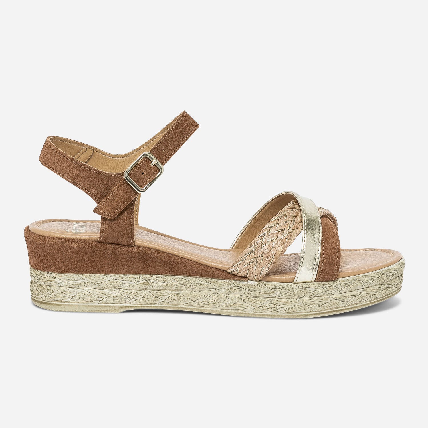 Sandale compensée camel en cuir velours