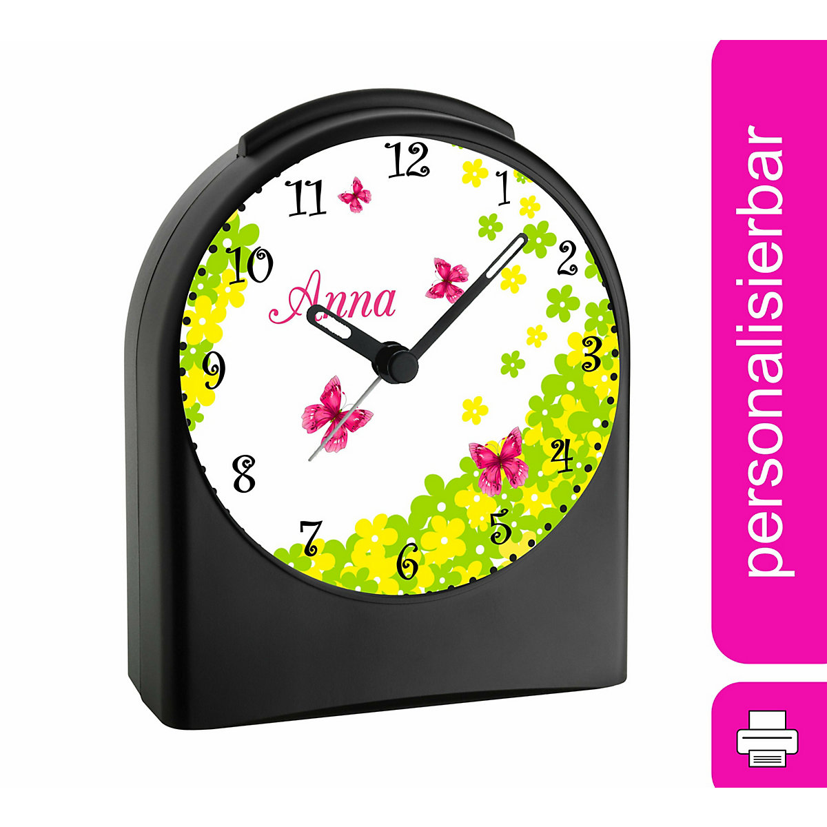 Kinder Funkwecker personalisiert mit Namen Schmetterling Atom-/Funkuhr, 12-Stunden-Anzeigeformat, Schlummerfunktion, Nachtlicht, Geräuschlos/Ohne Ticken