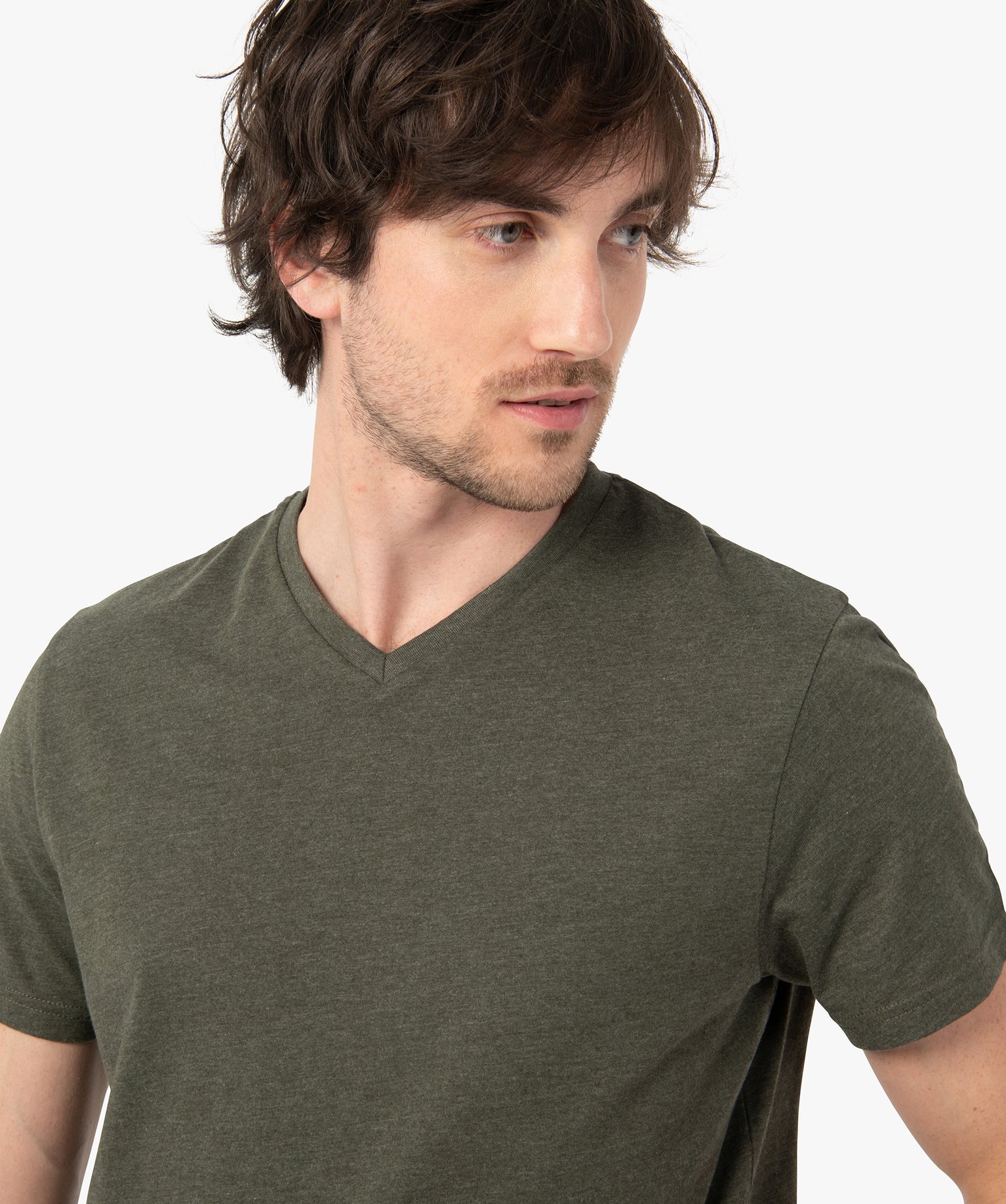 Tee-shirt homme à manches courtes et col V kaki | GEMO