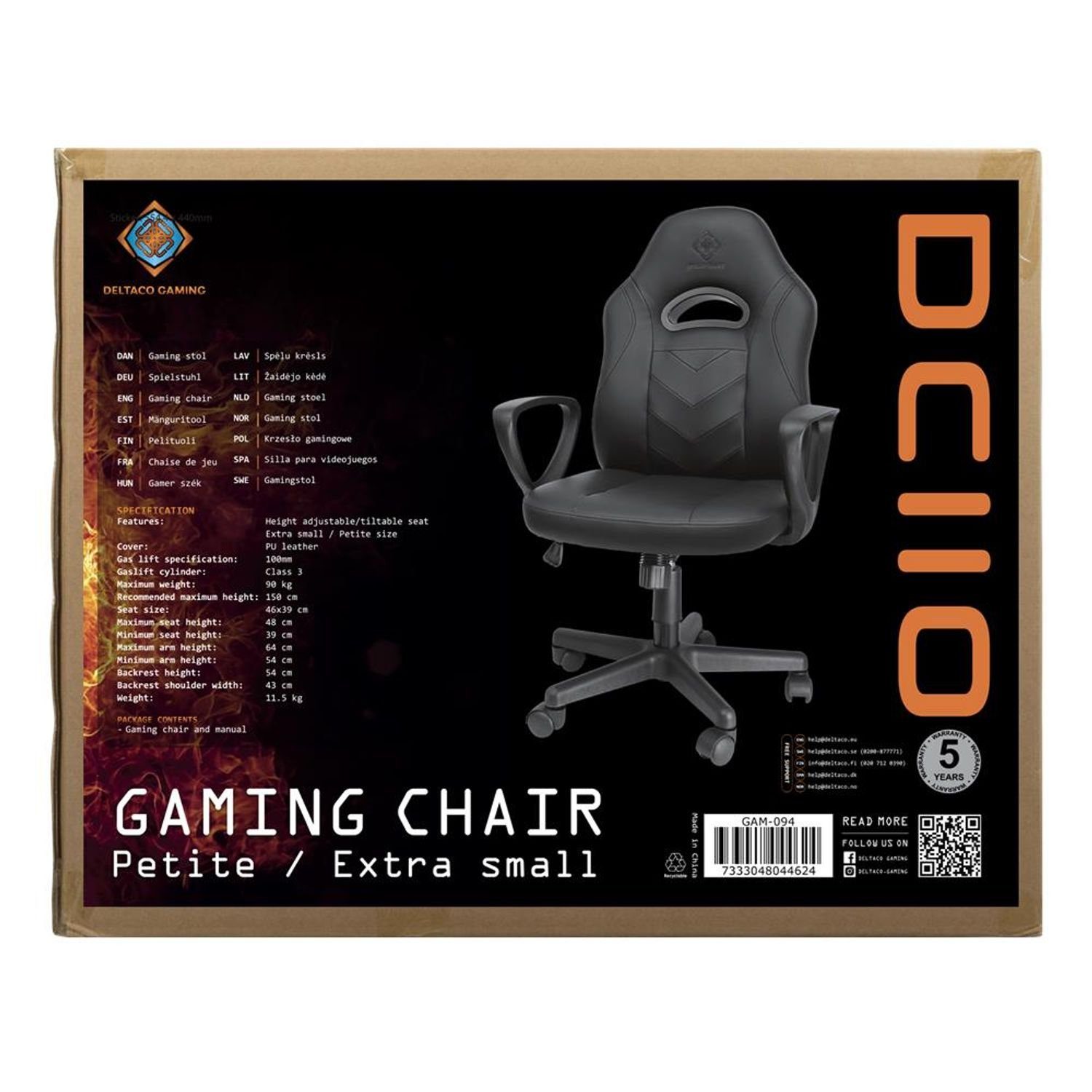 DELTACO Gaming-Stuhl DC110 Gaming Stuhl schwarz extra klein (kein Set), selbst nach langem Sitzen bequem inkl. 5 Jahre Herstellergarantie