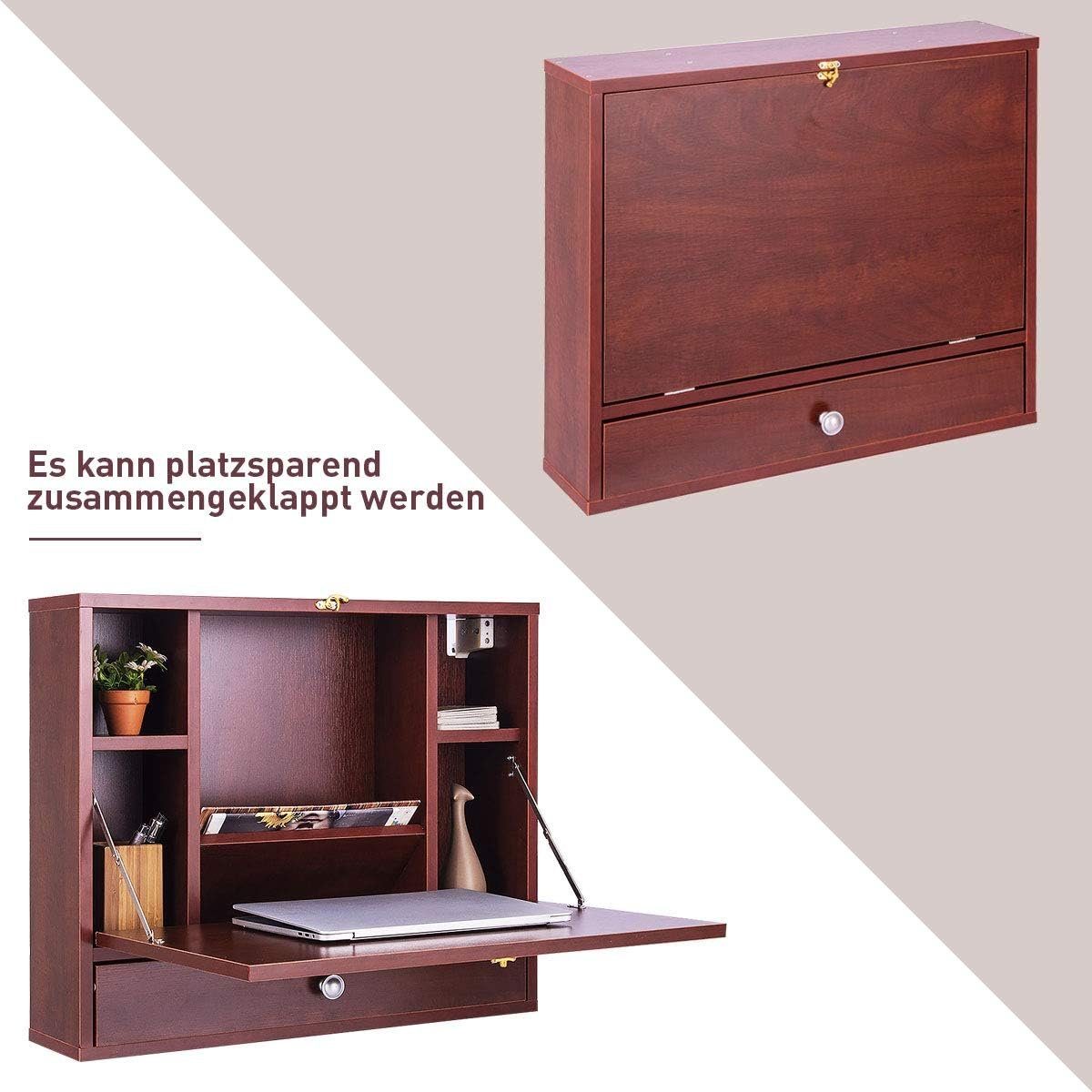 KOMFOTTEU Klapptisch Wandklapptisch, Arbeitstisch für PC Computer, aus Holz, mit Ablagefach und Schublade
