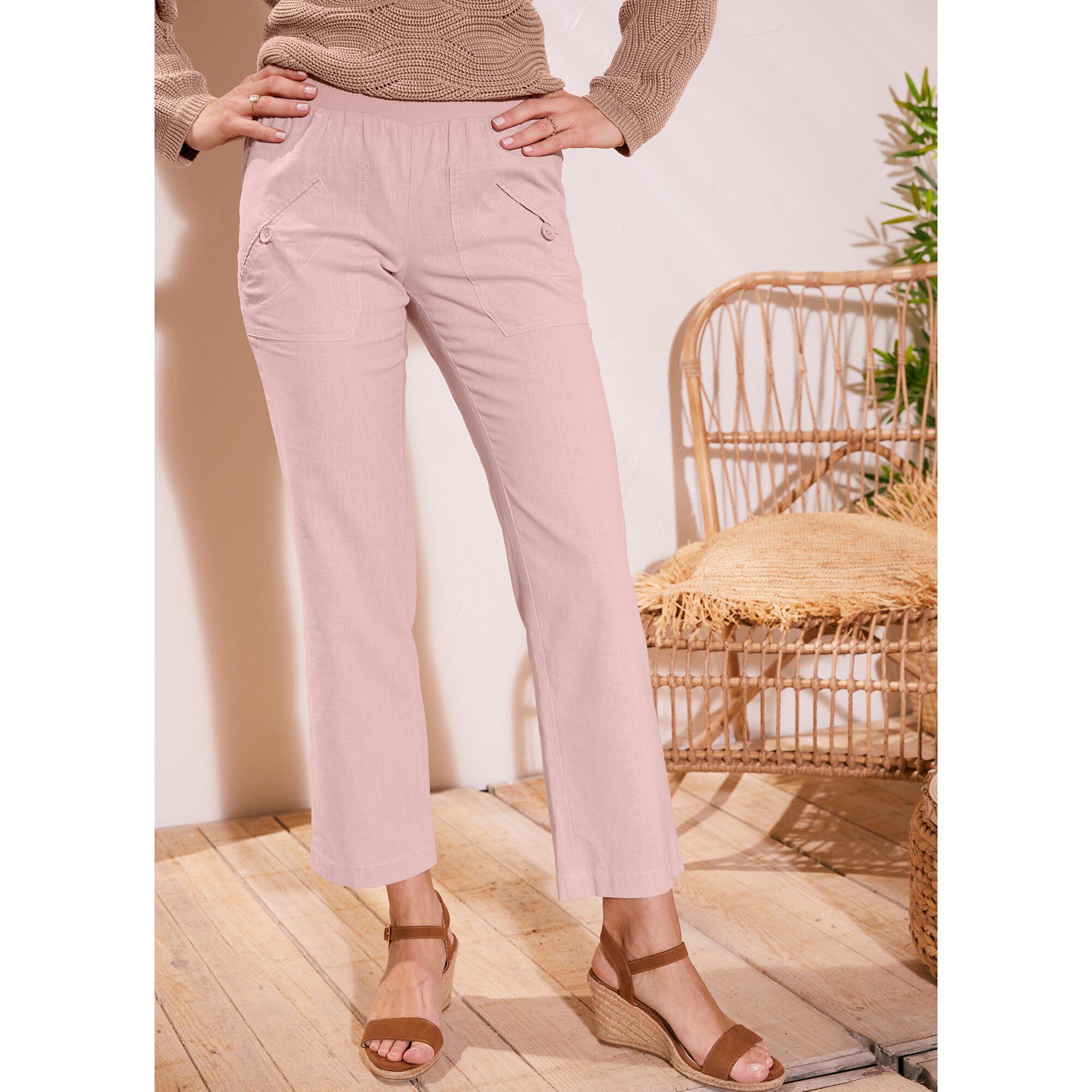 Pantalon coupe droite 7/8ème taille élastiquée, lin coton