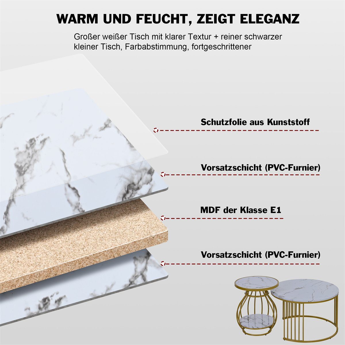 XDeer Couchtisch Couchtisch 2er Set,robustes Sofatisch Wohnzimmertisch Rund, Beistelltisch mit golden Eisengestell(70*70*45.5/45*45*53.5cm)
