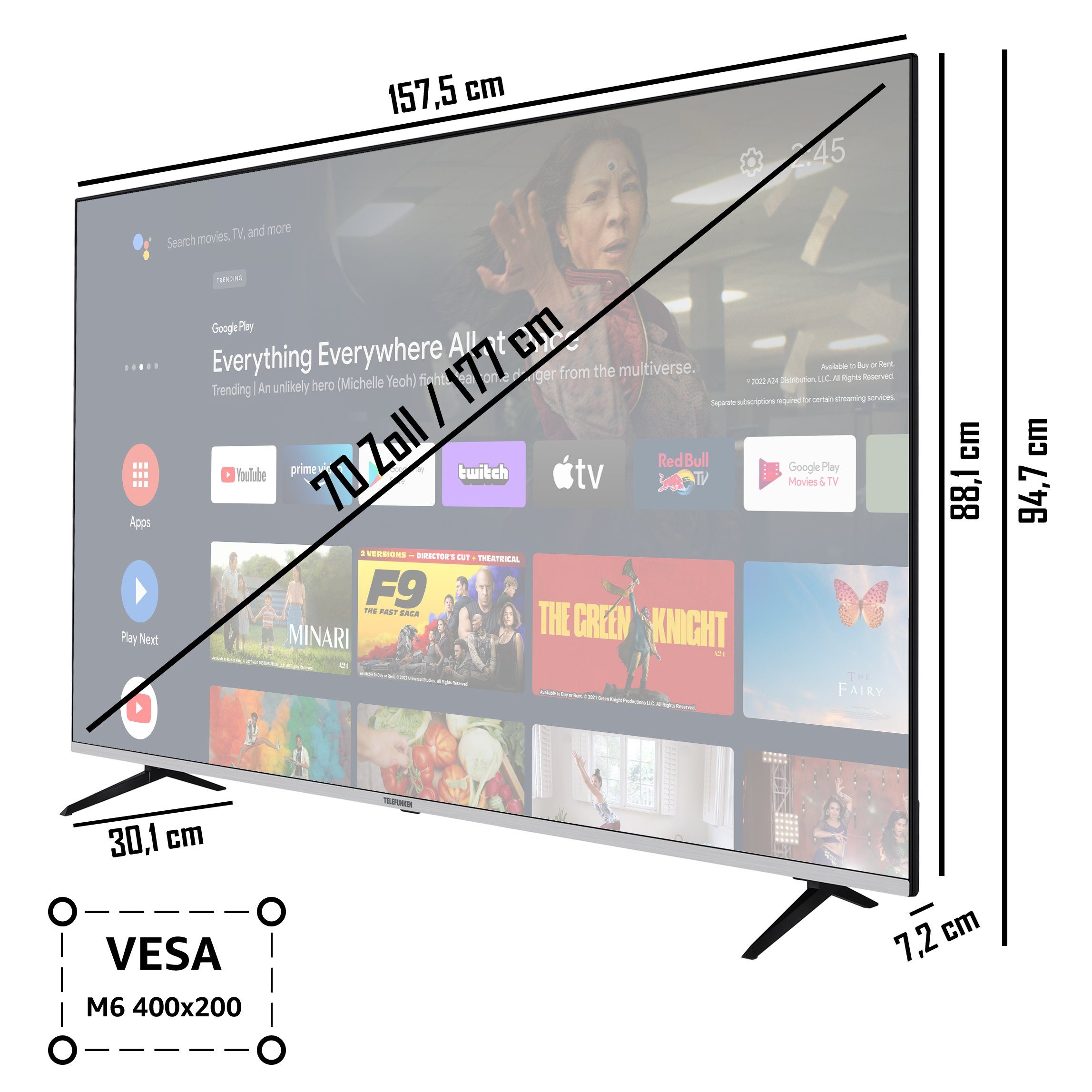 Telefunken QU70AN900S QLED-Fernseher (177 cm/70 Zoll, 4K Ultra HD, Android TV, Smart TV, HDR Dolby Vision, Triple-Tuner, Bluetooth, Dolby Atmos)
