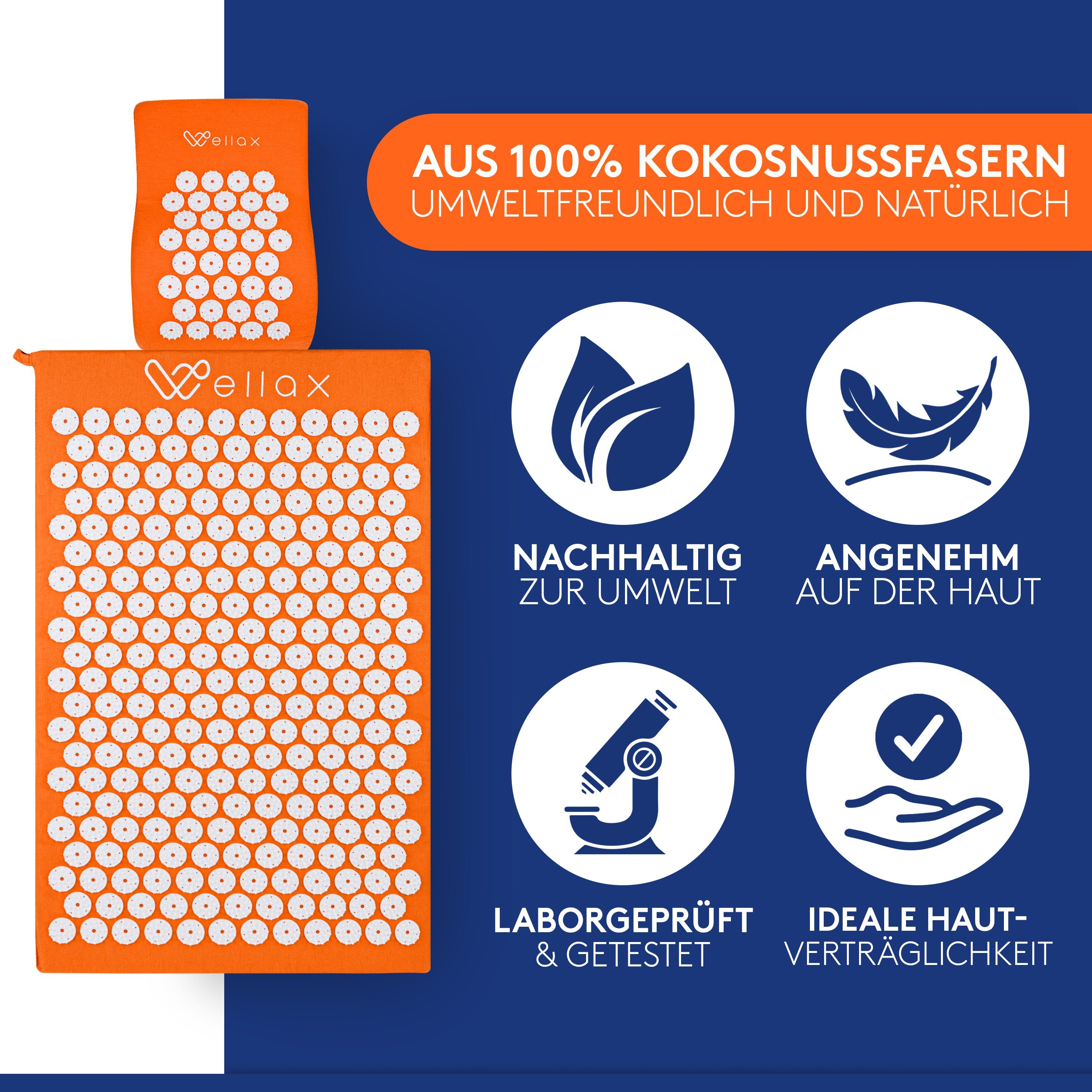 Wellax Akupressurmatte Wellax Akupressurmatte mit Kissen - Gefüllt mit Kokosfasern