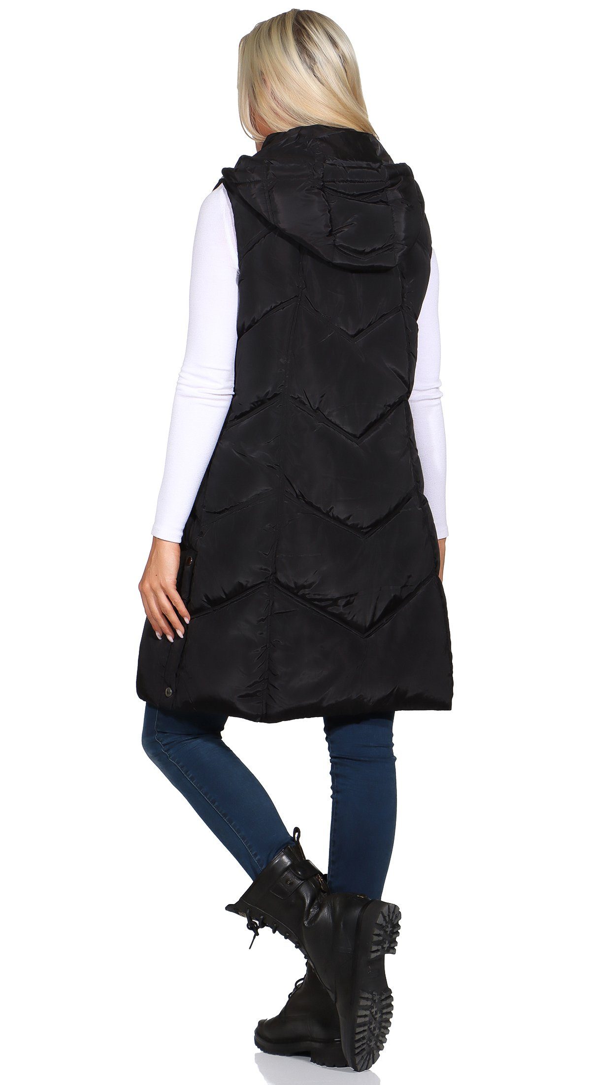 Aurela Damenmode Steppweste Steppweste Damen Longweste mit moderner Steppung abnehmbare Kapuze, auch in großen Größen erhältlich