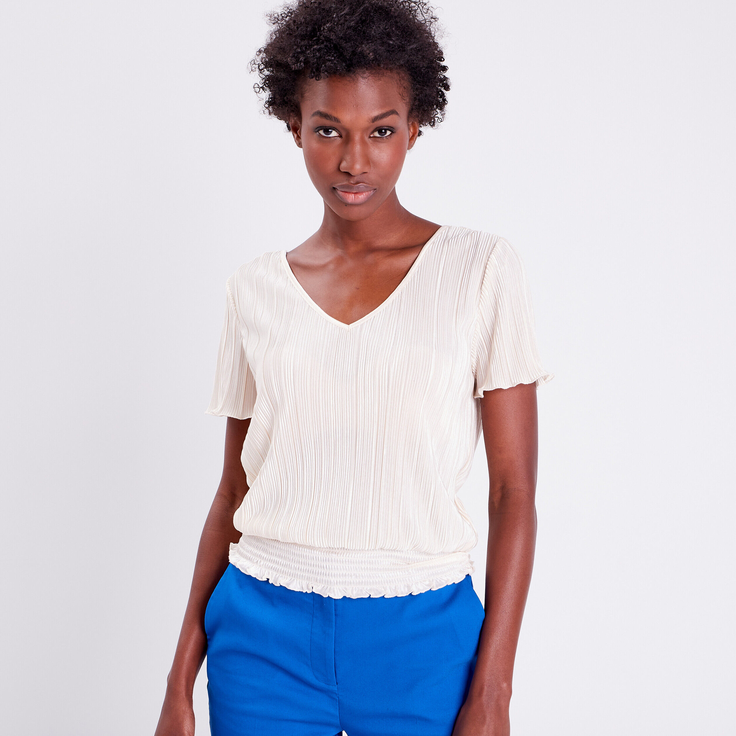 T-shirt manches courtes plissé ecru femme | Cache Cache
