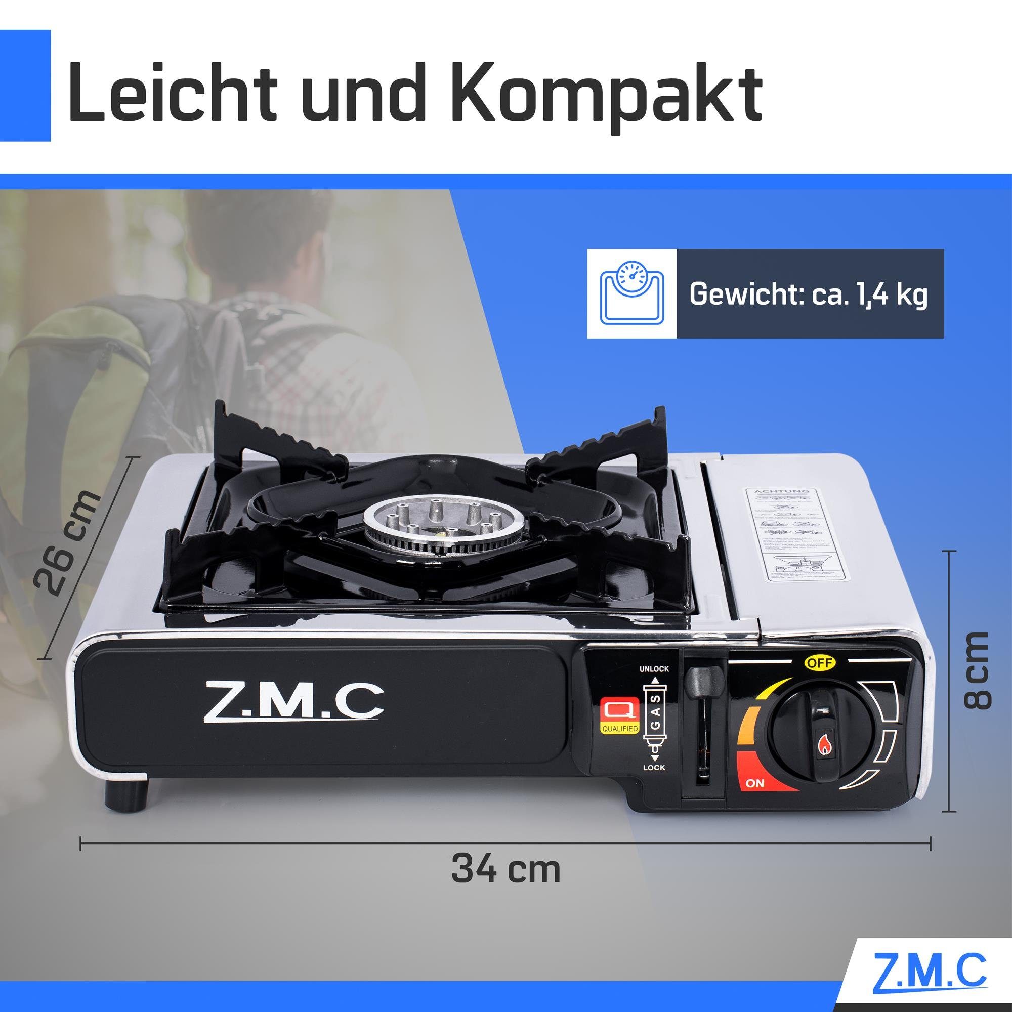 ZMC Gaskocher Edelstahl Campingkocher Gaskocher 1 Flammig, (Wärmeleistung: 2,2KW Tragbarer Kochfeld), Outdoor Camping Gas Kocher Herd Kartuschenkocher + Transportkoffer