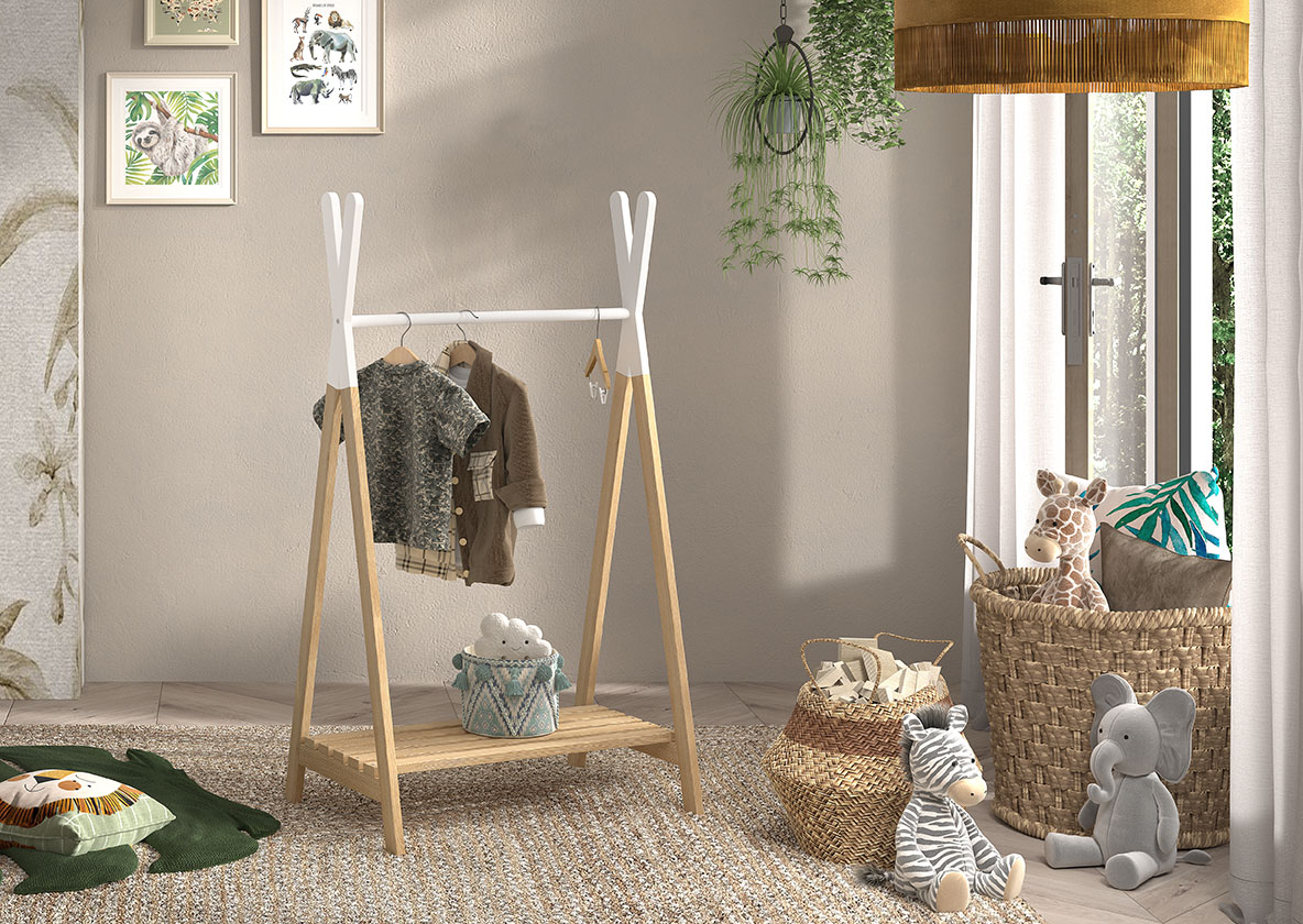 VIPACK Kleiderständer mit Ablage aus der Serie Kiddy, Ausf. Kiefer massiv natur/weiß lackiert