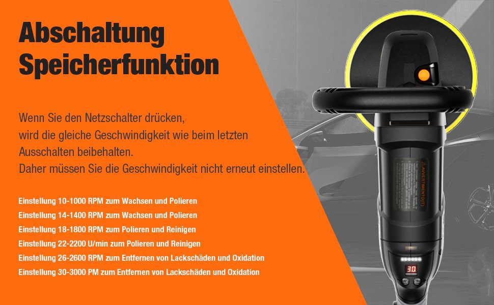 Diyarts Poliermaschine, 600,00 min. U/min, 3000,00 max. U/min, 6 Variable Geschwindigkeit, LCD-Display und Zubehör