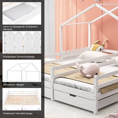 Flieks Massivholzbett, Hausbett Kinderbett Doppelbett 2 Schubladen 200x90cm