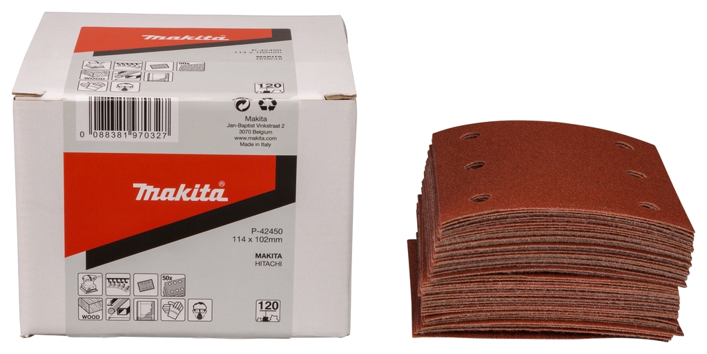 Accessori Makita P-42450 Fogli abrasivi 114x102 K120 con velcro rosso, 50 pezzi