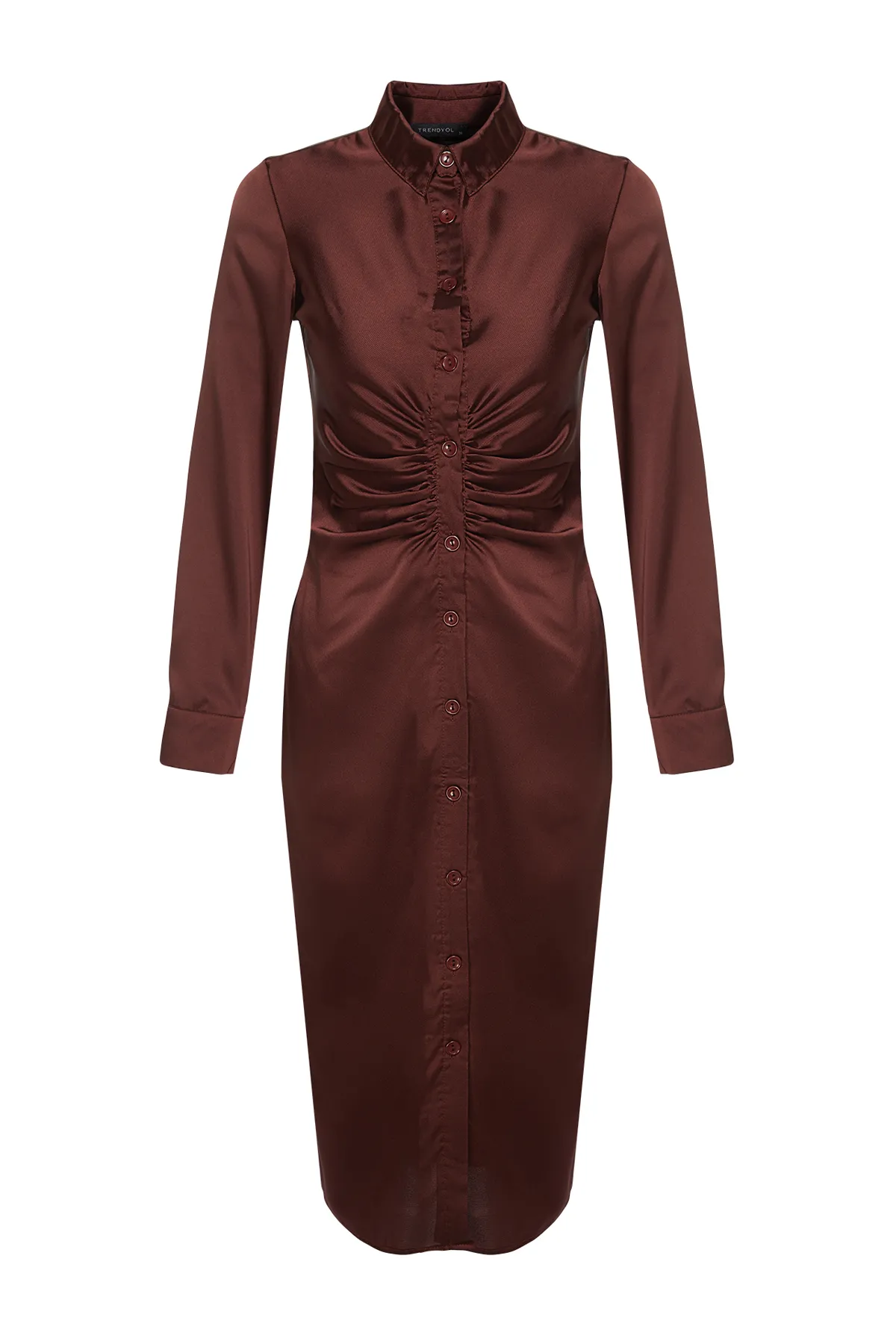 Trendyol Collection  Braunes, figurbetontes Hemdkleid aus gewebtem Satin TWOAW24EL00690