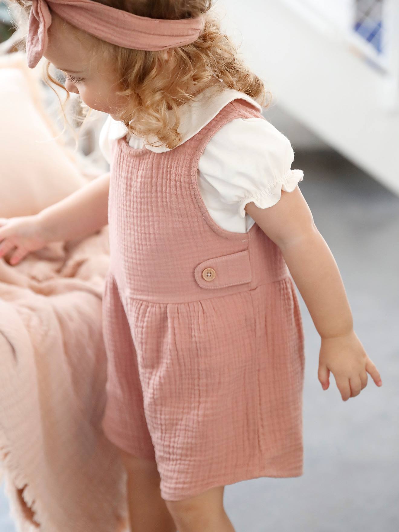 Vertbaudet Mädchen Baby-Set: T-Shirt, Kurzoverall & Haarband, personalisierbar - altrosa