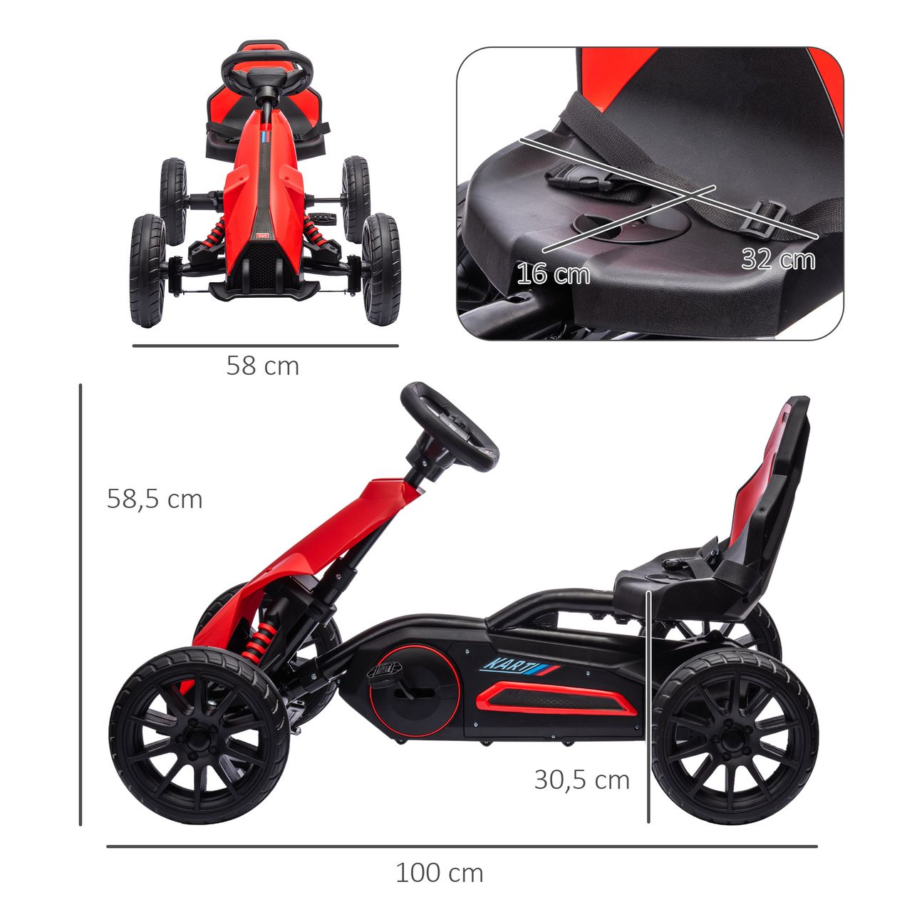 HOMCOM Gokart, Kinderfahrzeug mit verstellbarem Sitz, Tretfahrzeug, Rot