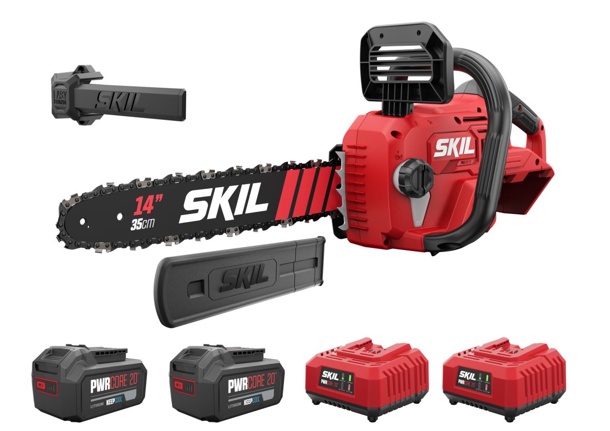 Tronçonneuse sans fil SKIL GS1E0541CA 35 cm, moteur sans balais, 2 batteries 20 V 4,0 Ah et chargeur inclus dans la boîte