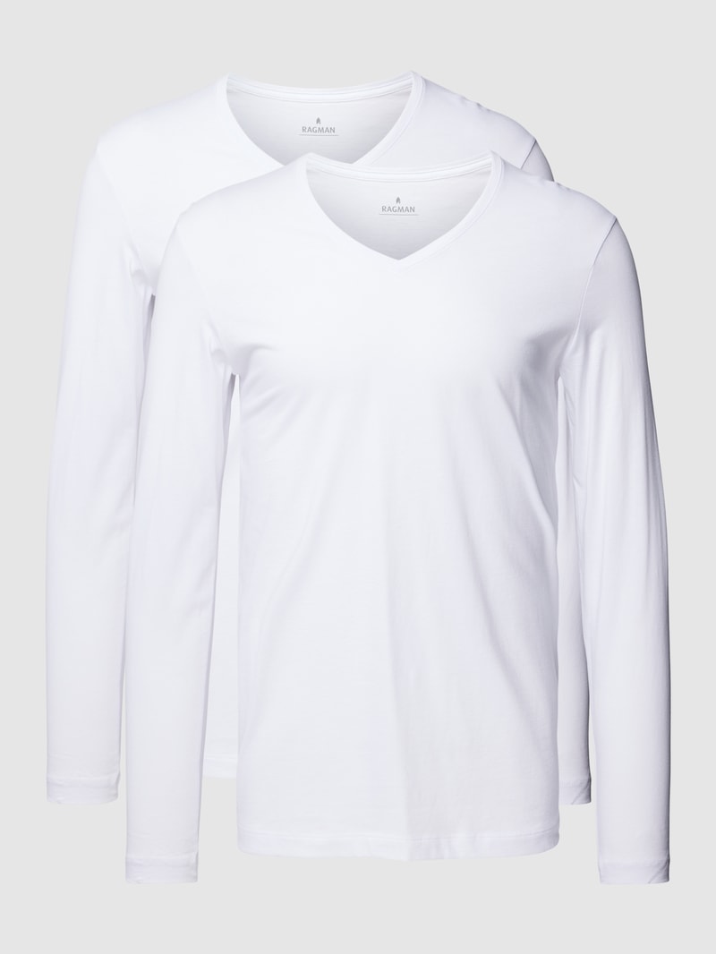 Longsleeve aus Baumwolle mit V-Ausschnitt im 2er-Pack in weiß