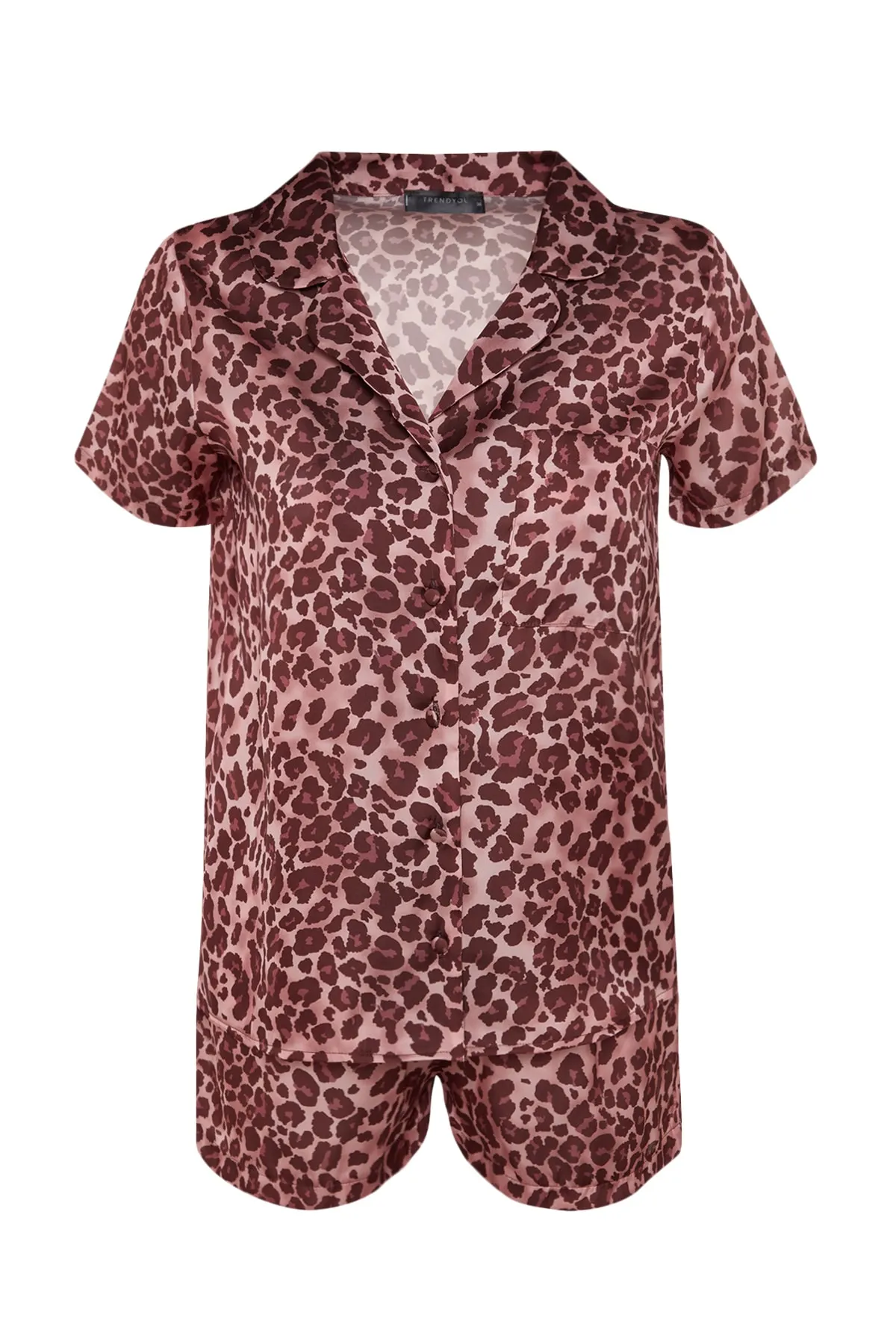 Trendyol Collection  Gewebtes Pyjama-Set aus Hemd und Shorts aus Satin mit Leopardenmuster in Rosa THMSS20PT0158