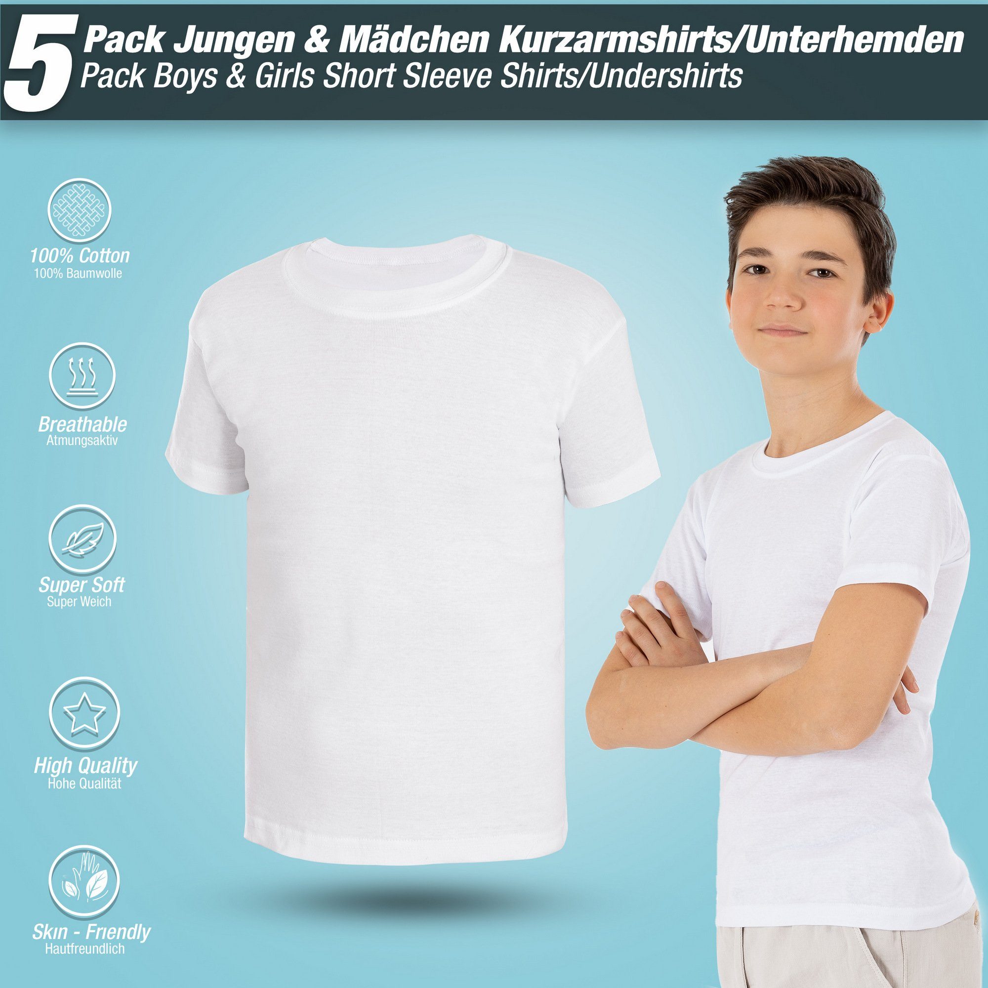 LOREZA Unterhemd 5 Jungen & Mädchen Unterhemd Kurzarm Shirt - T-Shirt 100% Baumwolle (Spar-Packung, 5-St)