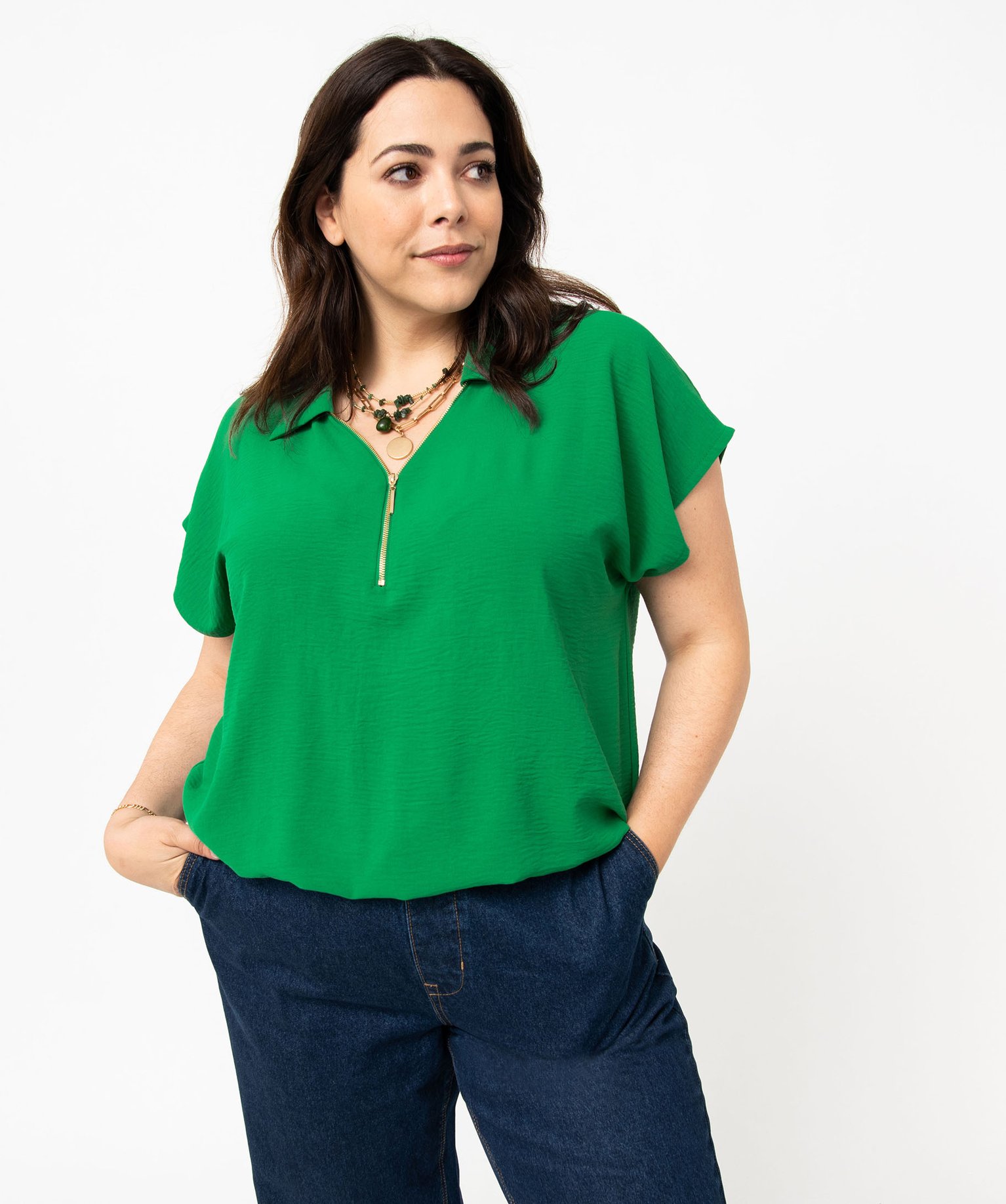 Blouse à manches courtes avec col zippé femme grande taille vert | GEMO