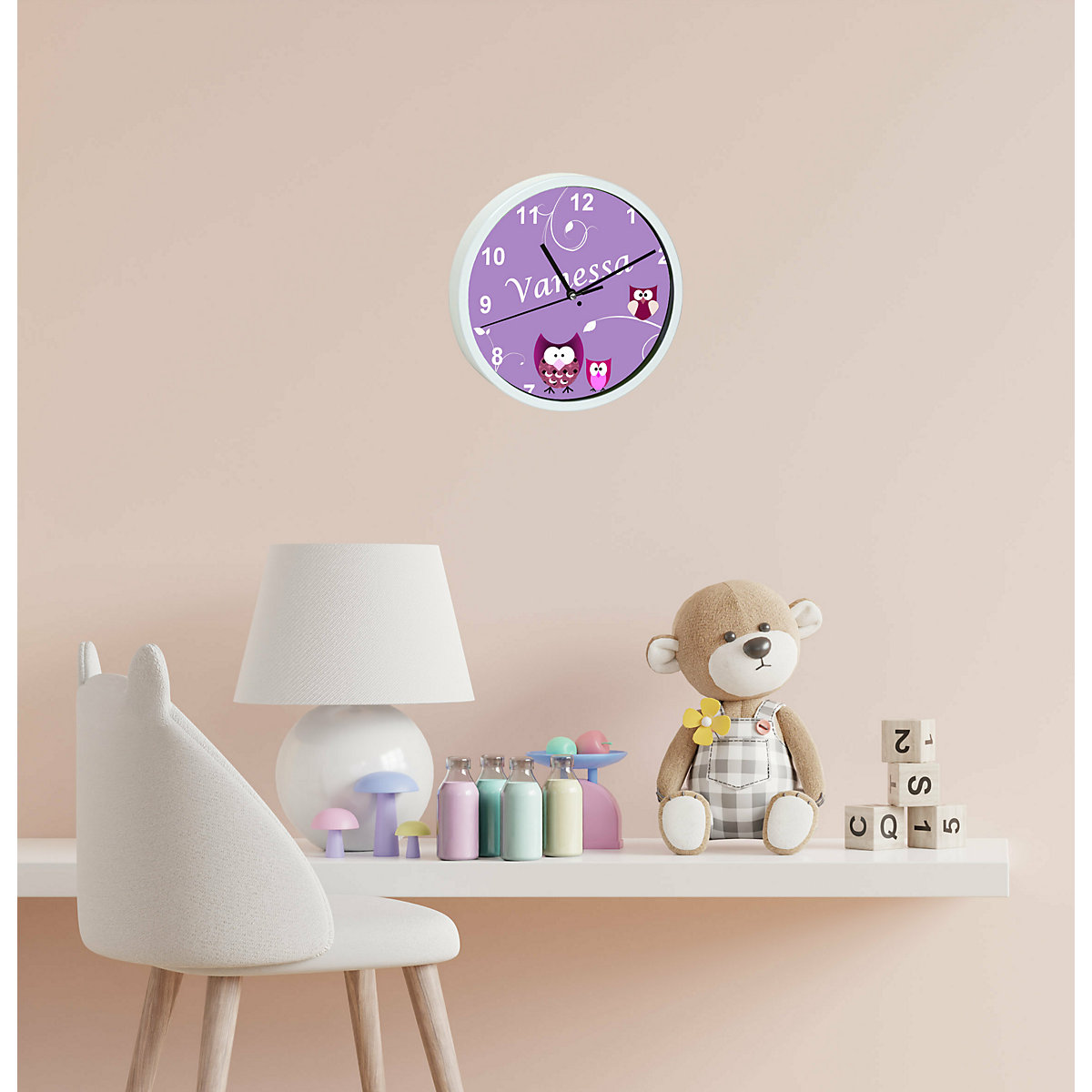 Kinder Wanduhr personalisiert mit Name Eule Lila