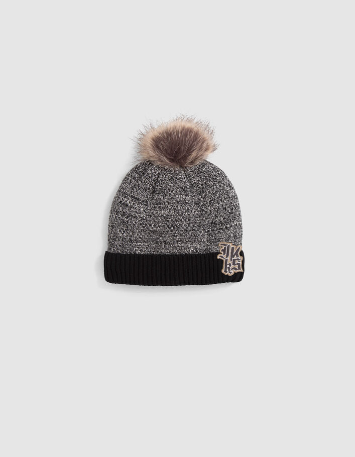 Bonnet noir tricot chiné badge logo bébé garçon