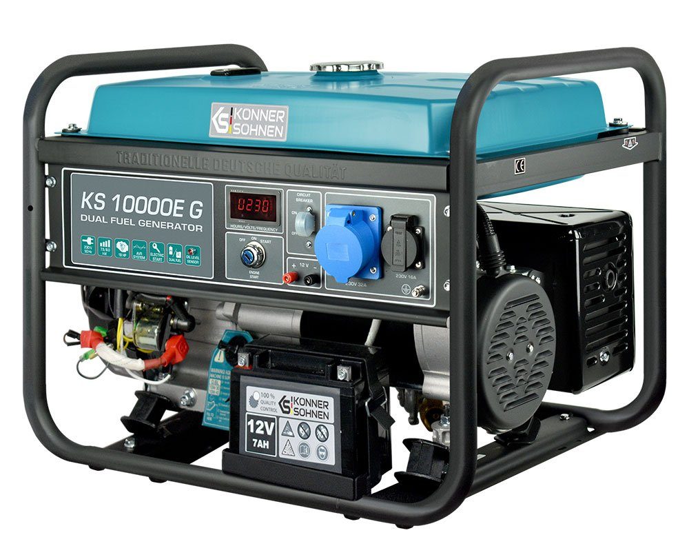 Könner & Söhnen Stromerzeuger KS 10000E G, 8,00 in kW, (1x32A (230V), Generator, E-Start, Automatischer Spannungsregler, 1-tlg., Hybrid Stromerzeuger, 4-Takt, Kupfer,Steckdosen 1x16A (230V), für Haus, Garage oder Werkstatt