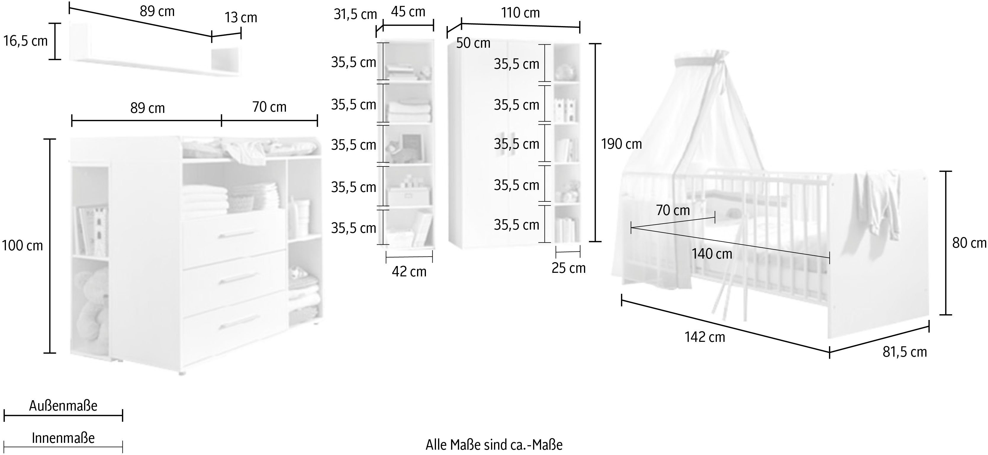 BMG Möbel Babyzimmer-Komplettset Luis, (Set, 11-St., Babybett inkl. Lattenrost und Matratze, Wickelkommode etc), Bett + Wickelkommode + 2-trg. Schrank + Standregal etc.