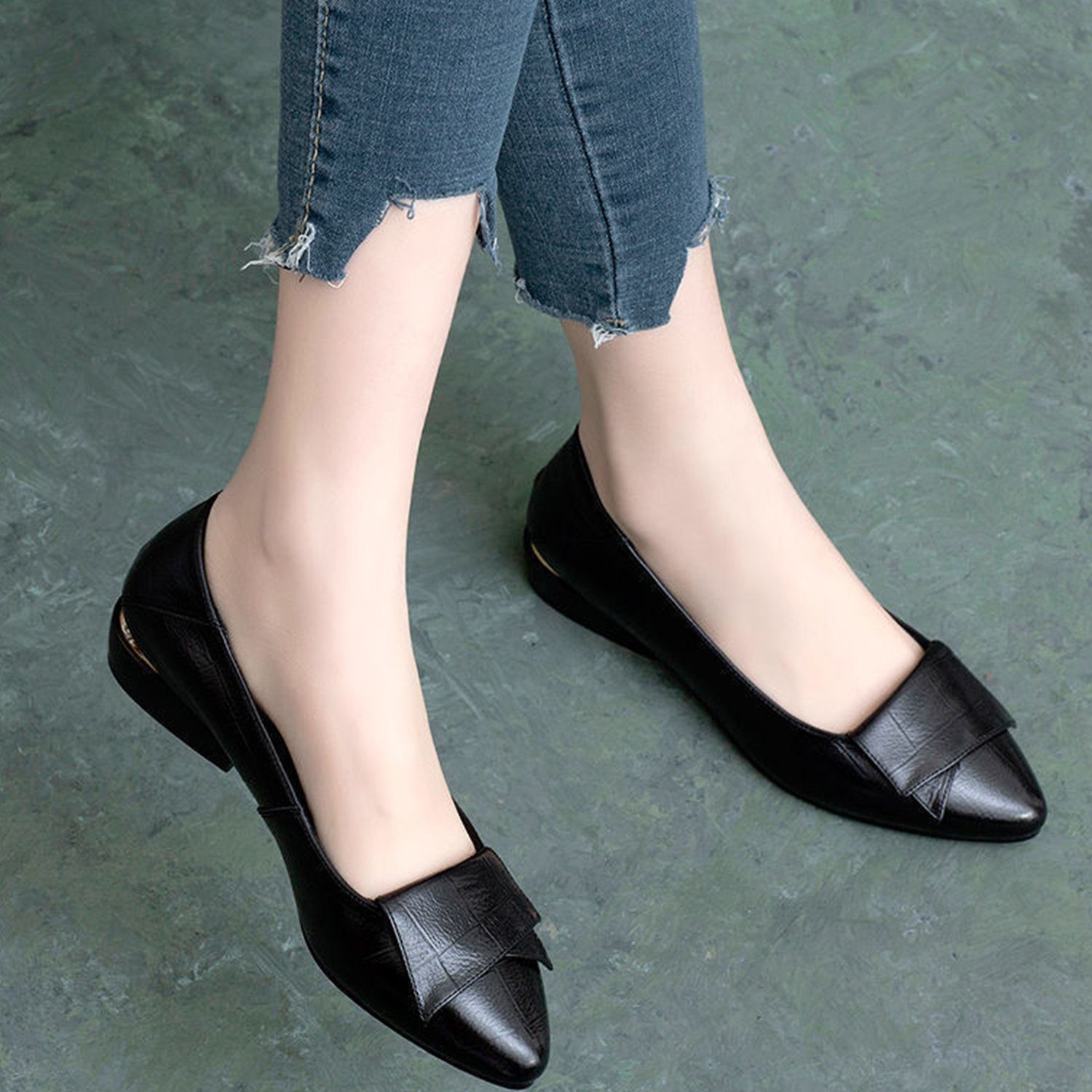 Daisred Damen Spitze Zehen Blockabsatz Karierte Leder Ballerina