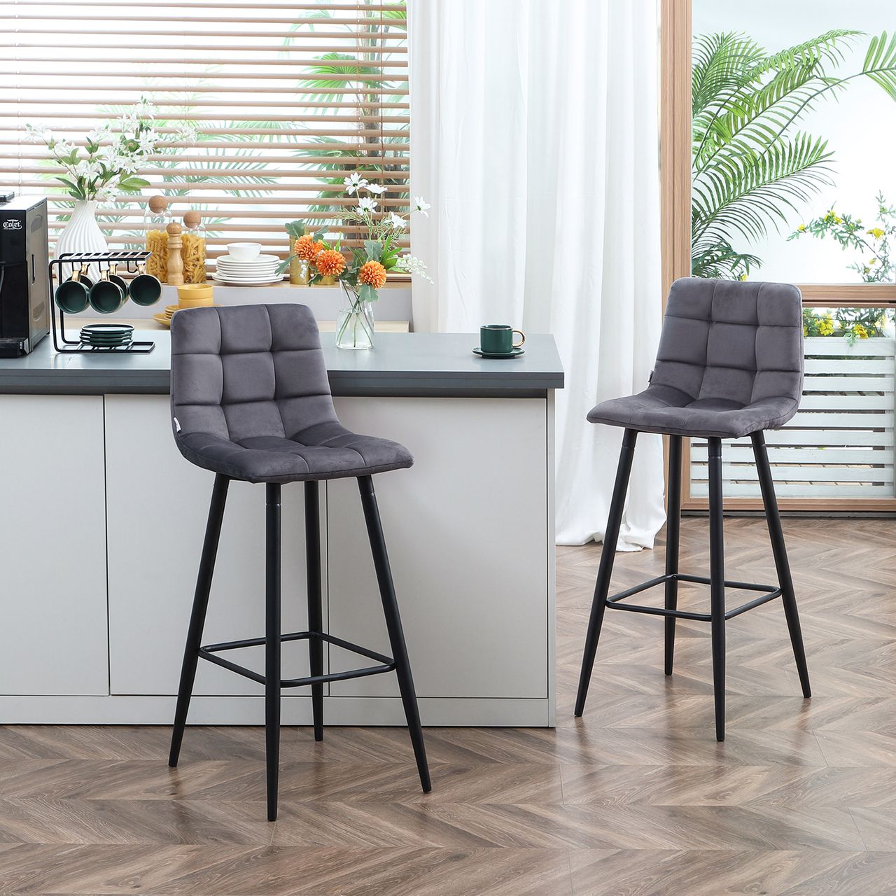 HOMCOM 2er-Set Barhocker mit Fußstütze Barstühle Bezug aus Samt für Wohnzimmer