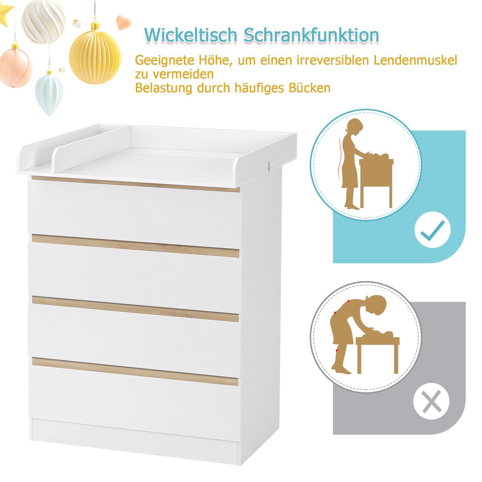 Woltu Wickelkommode, mit abnehmbarer Wickelsatz mit 4 Schubladen Weiß
