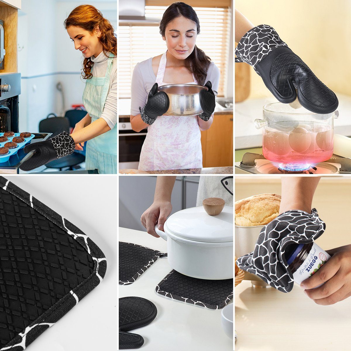 Elegear Topfhandschuhe 2 Topflappen, 1Paar Handschuhe, Hitzebeständig, rutschfest, (4-tlg), mit Halbsilikonpads, Topflappen für Kochen, Backen, Grillen, Schwarz