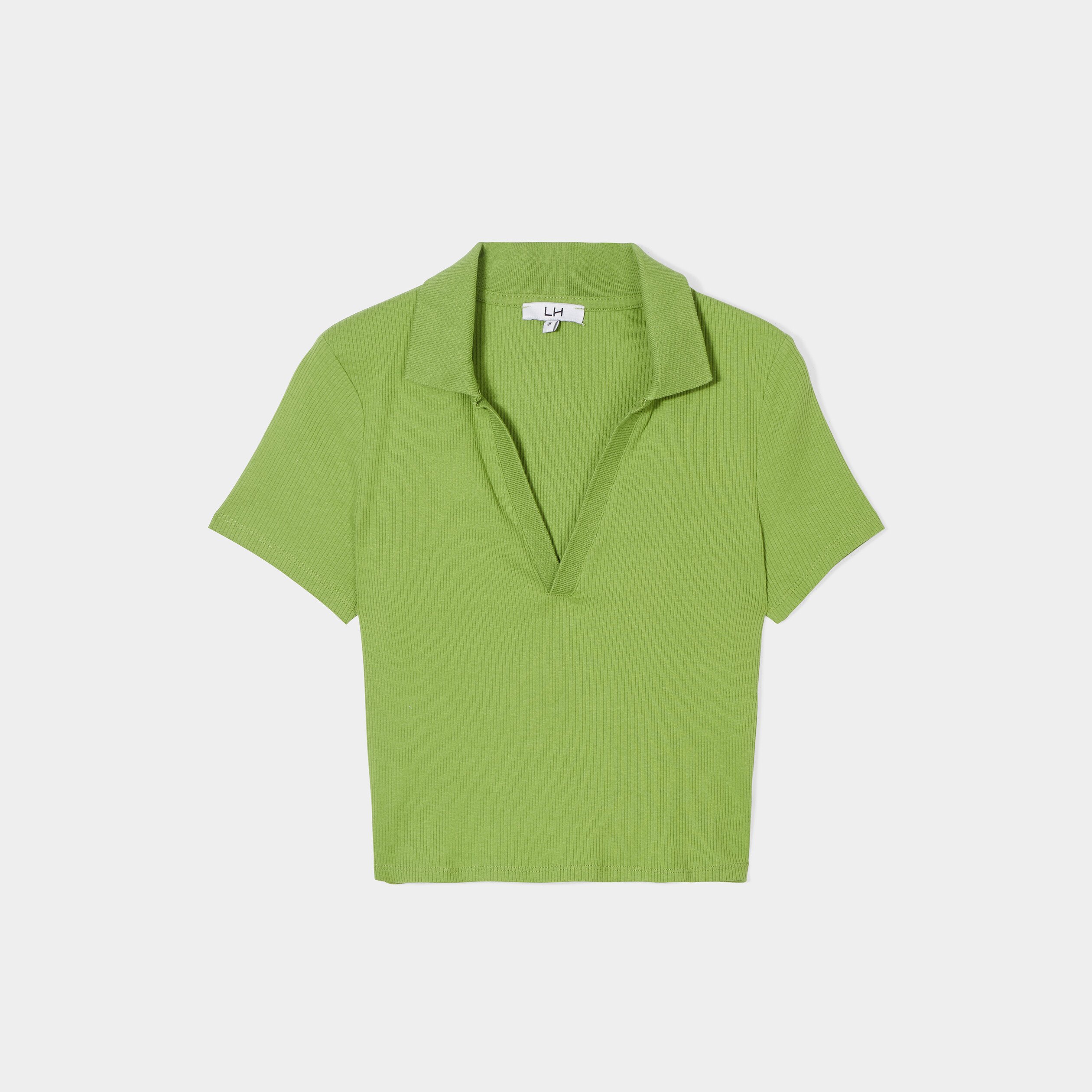 T-shirt court côtelé col polo coton vert femme | La Halle