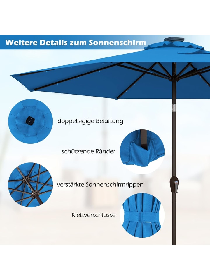 COSTWAY Sonnenschirm 300 cm mit LED-Solar-Beleuchtung in Blau günstig kaufen onesize