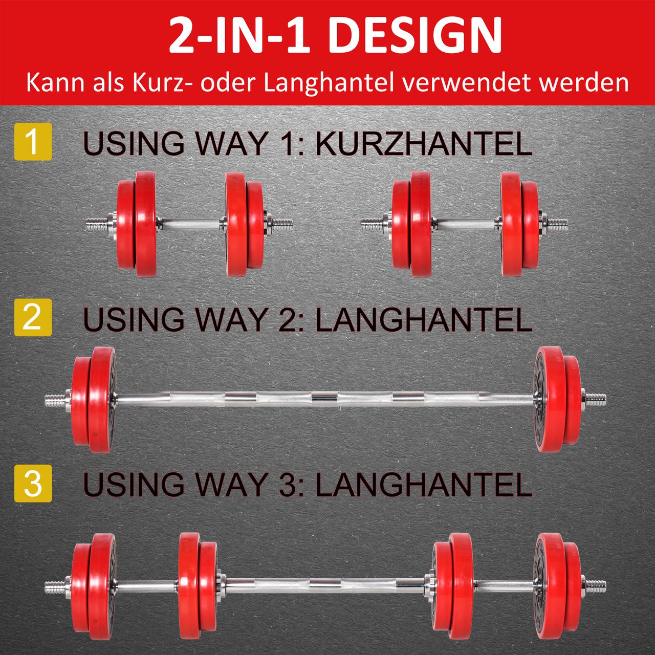 HOMCOM Hantelset 20KGS 2-IN-1 Hanteln & Langhanteln verstellbar Rot Schwarz 21,5 x 21,5 x 3,8 cm