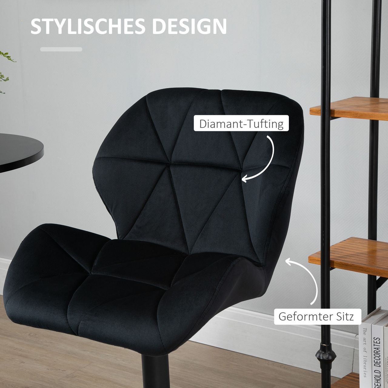 HOMCOM 2er-Set Barhocker drehbare Barstühle mit Lehne höhenverstellbarer Bistrohocker Tresenhocker Samt Touch armloser Schaumstoff Schwarz 51,5x 57,5 x 93-114,5 cm