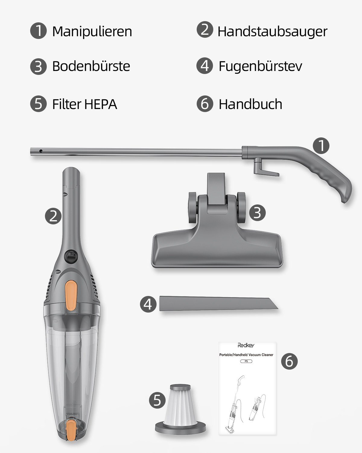 Redkey Stielstaubsauger P5, 400,00 W, Staubsauger mit Kabel, 2 in 1 Stielstaubsauger und Handstaubsauger, für Harte Böden Teppich Auto