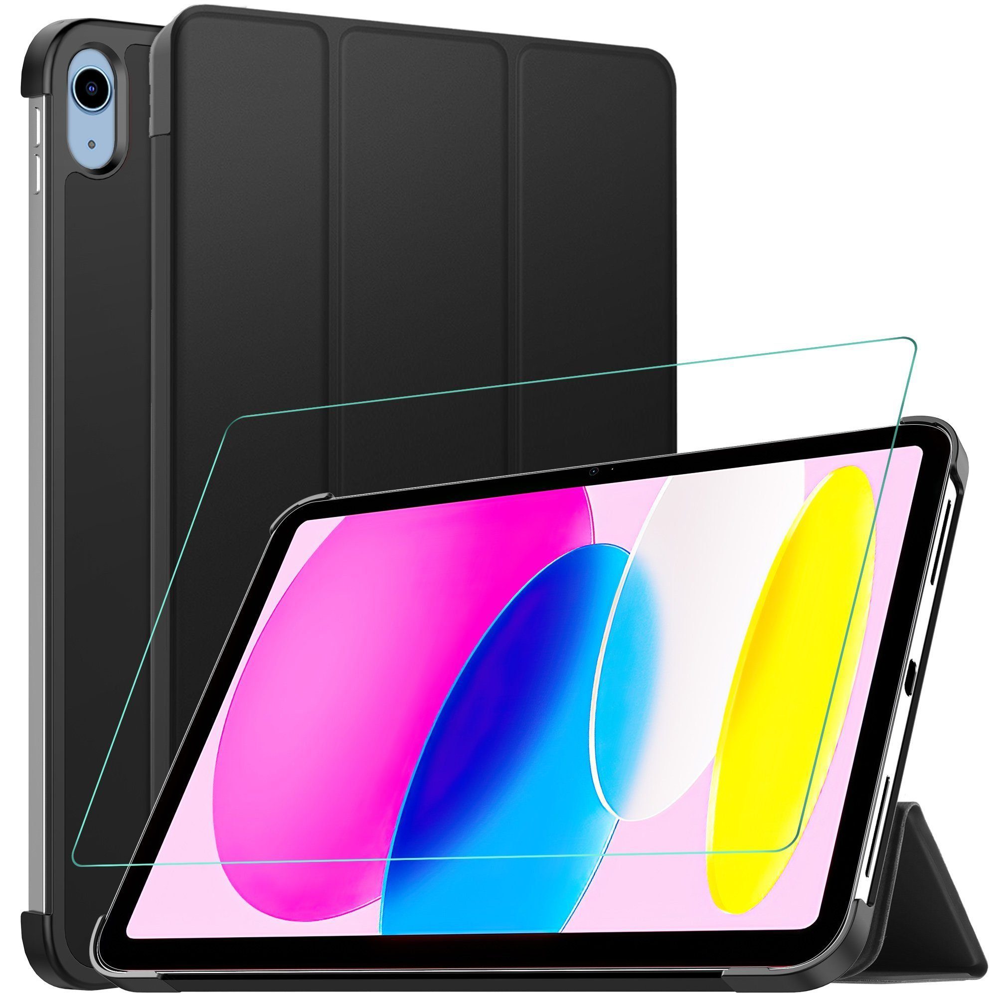 Mutoy Tablet-Hülle für iPad 10. Generation 2022 10.9 Zoll Hülle mit Panzerglas, Standfunktion Auto-Sleep/Wake Ultradünne