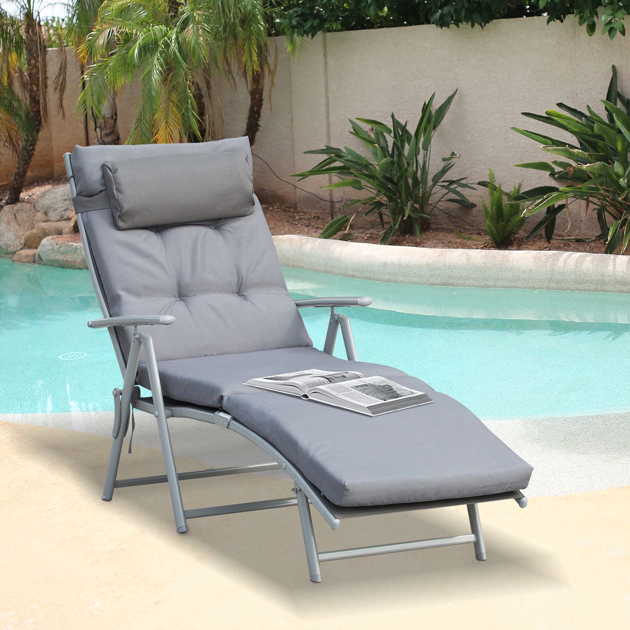 Outsunny Sonnenliege mit Kissen 7-stufig verstellbare Rückenlehne 137 x 63,5 x 100,5 cm grau