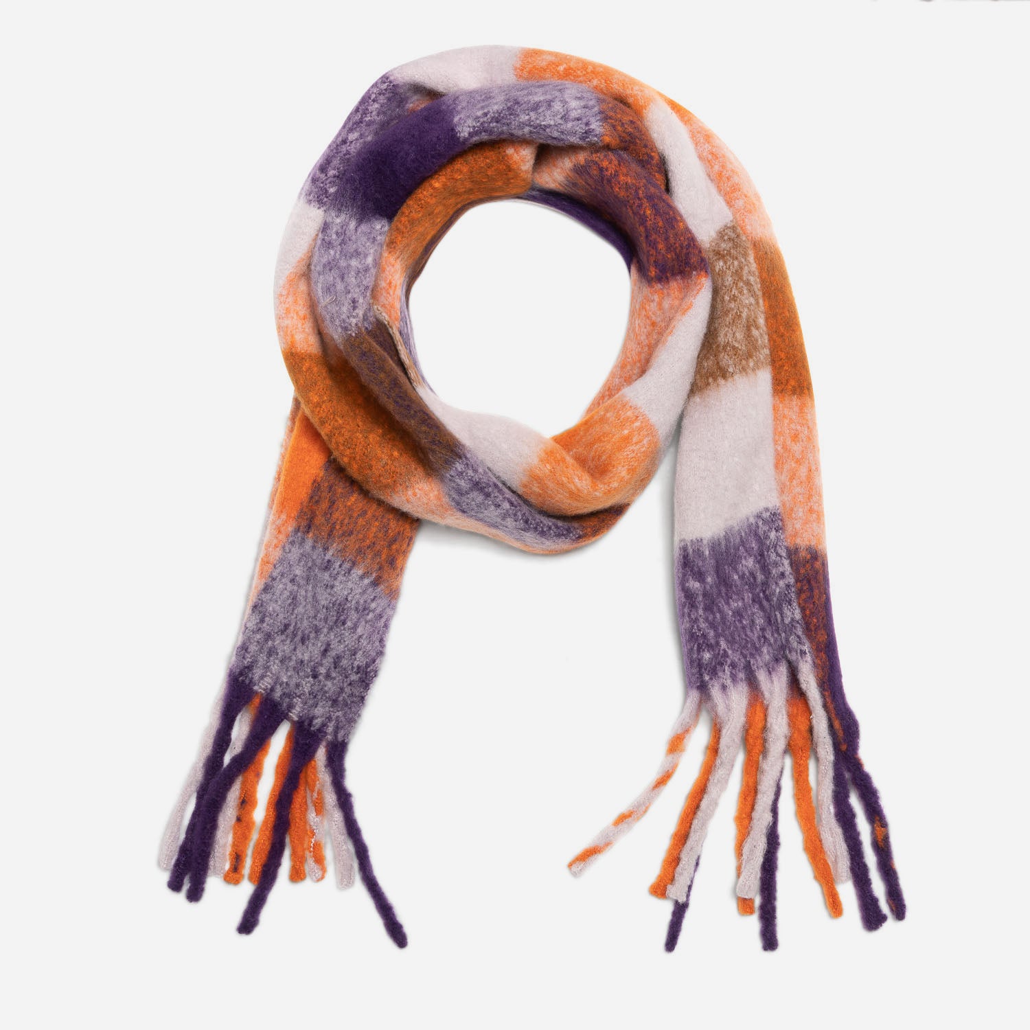 Echarpe TEXTO violet, orange, parme et camel à carreaux
