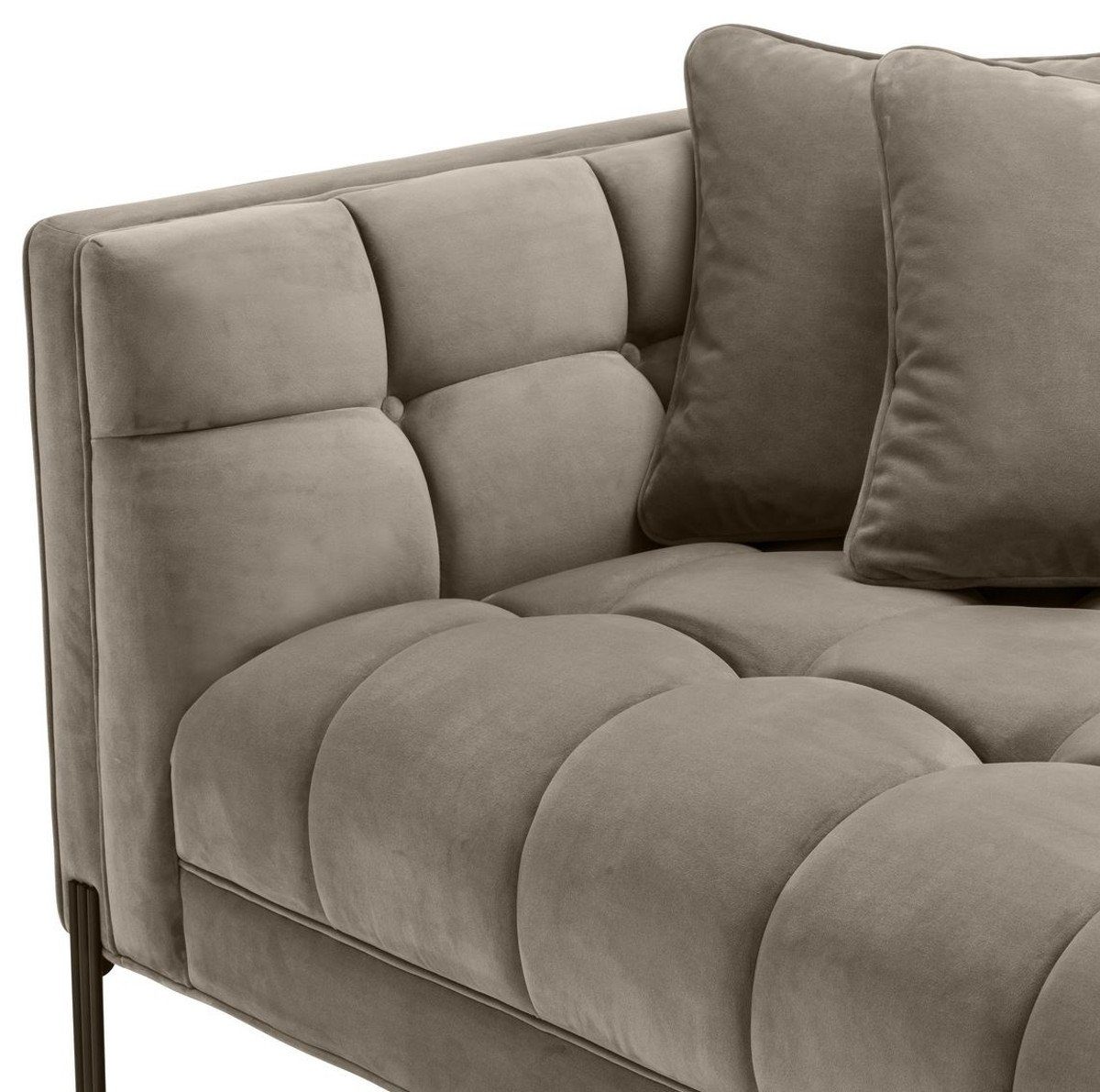 Casa Padrino Loungesofa Luxus Lounge Sofa Greige / Schwarz 223 x 95 x H. 68 cm - Linksseitiges Wohnzimmer Sofa mit edlem Samtsoff und 2 Kissen