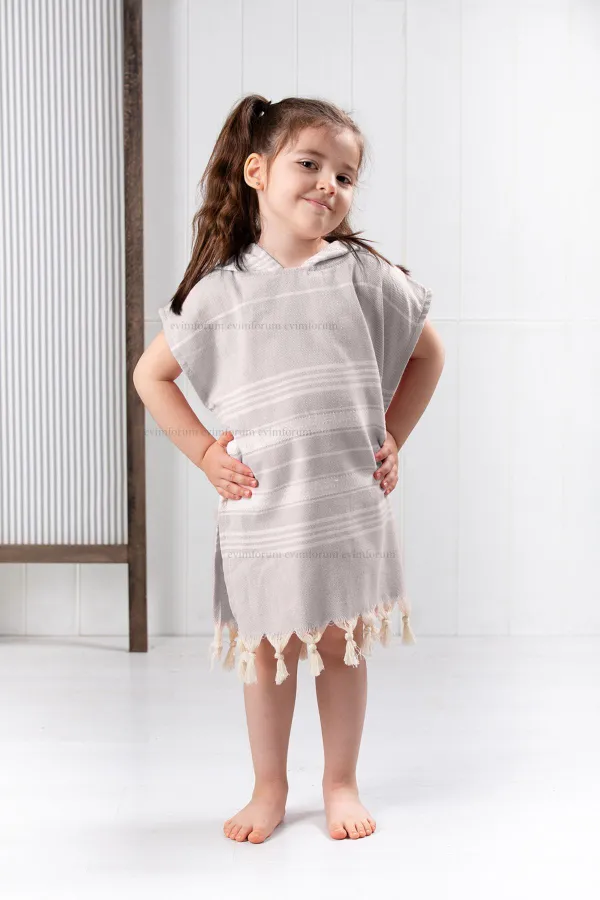 Formeya  Kinder-Bademantel, Poncho, 100 % Baumwolle, Strandtuch, Peshtemal, Braun