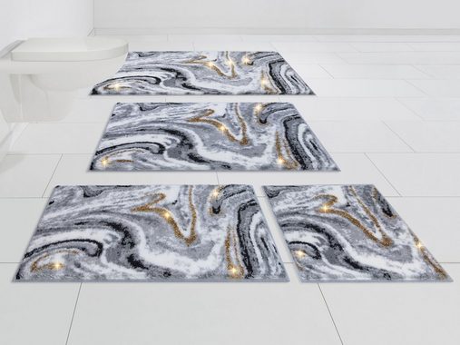 Badematte Gloria Leonique, Höhe 20 mm, rutschhemmend beschichtet, fußbodenheizungsgeeignet, Polyacryl, rechteckig, goldfarbene Akzente durch Glitzer-Garn, Badematten im Marmor-Design