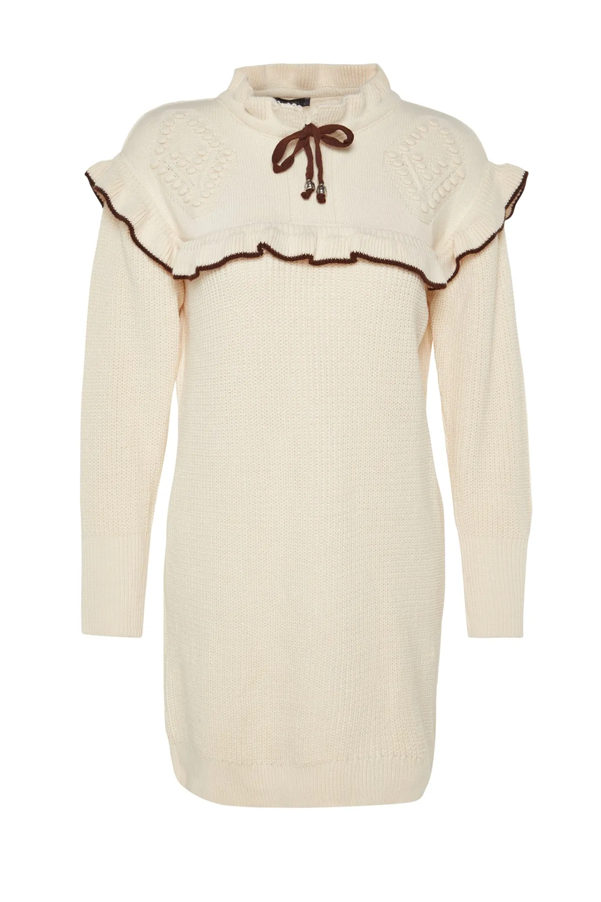 Trendyol Modest  Cremefarbener Strickpullover mit schwarzen Paspeln TCTAW24AK00171
