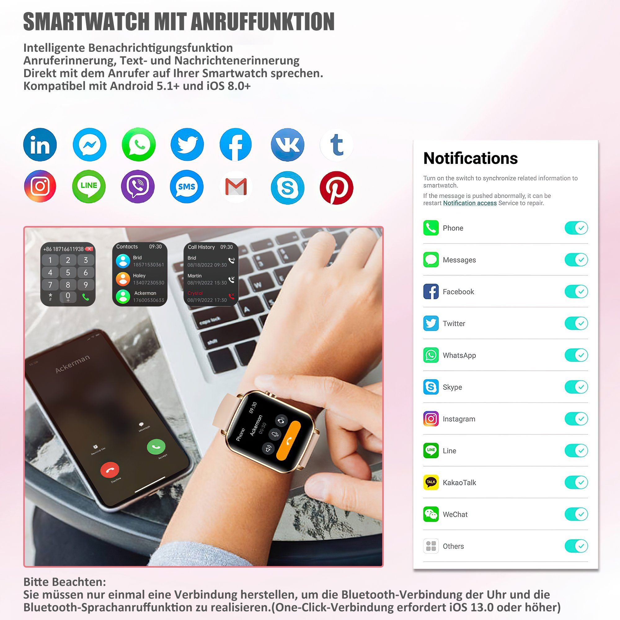 Mutoy Smartwatch, Smartwatch Damen mit Telefonfunktion Uhren Herren Smartwatch (1,81