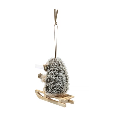 Igel Ornament mit Schlitten, 9 cm, dunkelbraun